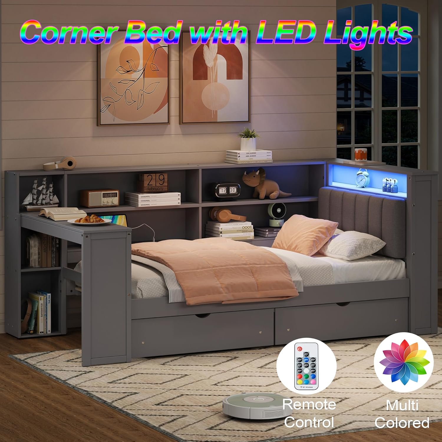 Twin Size Corner Bed Frame with Storage Drawers and Desk,Captain Daybed with L-Shaped Bookcase and LED Lights,Corner Bed Twin Size with Charging Station for Kids,Teens,Adults,Gray