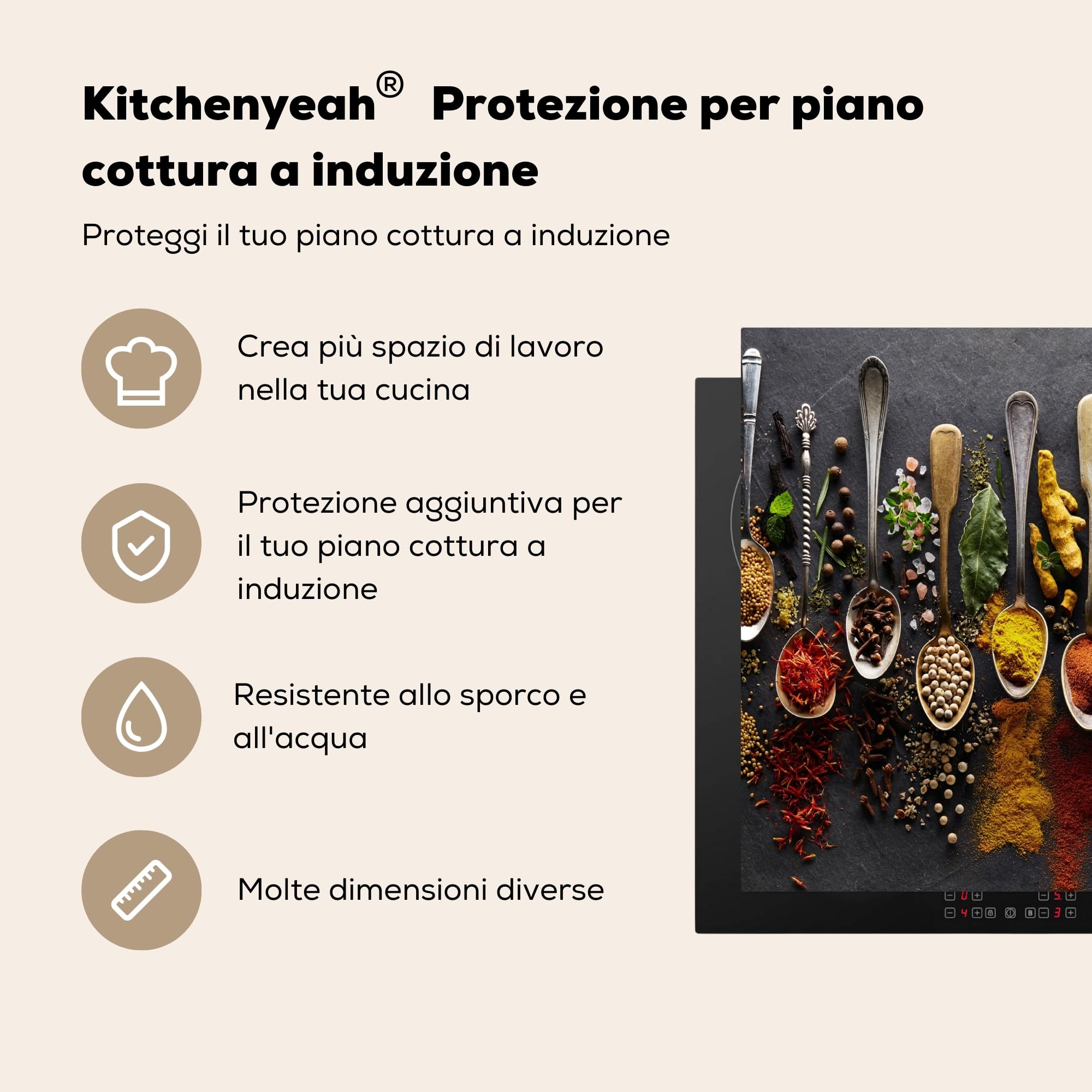 KitchenYeah© Protezione Piano Cottura Tappetino per Induzione 59x52 cm Cucina Proteggi Coprifornello Antiscivolo Spezie - Cucchiai - Calcestruzzo