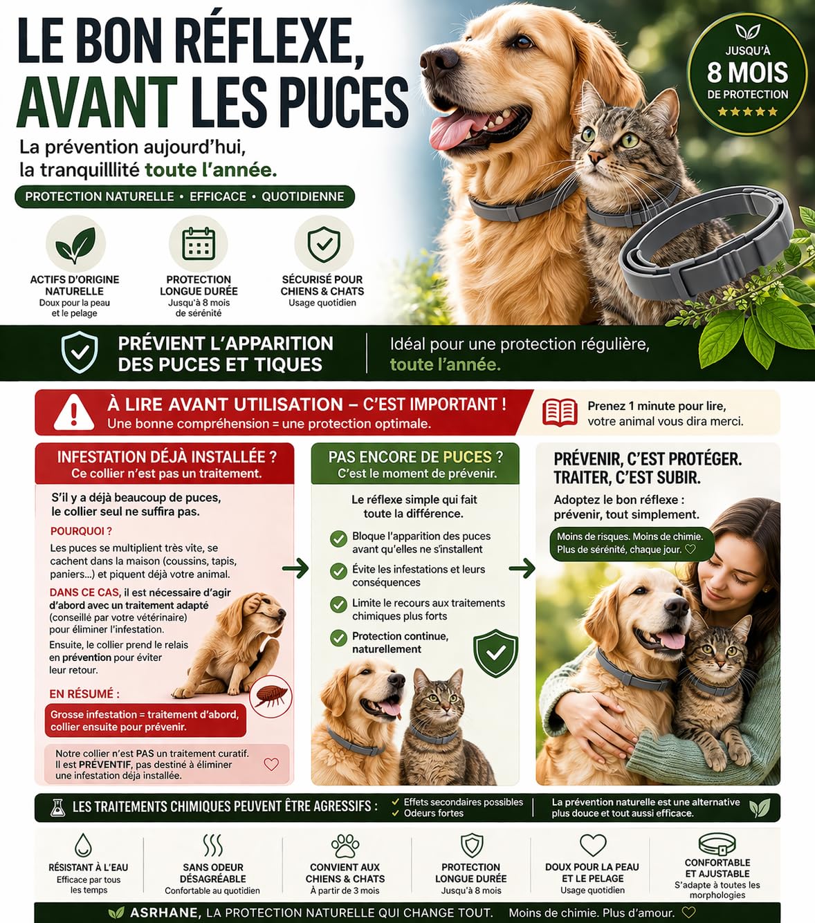 ASRHANE – Collier Préventif Naturel Anti-Tiques & Anti-Puces pour Chat | sans Insecticide | Protection 8 Mois | Résistant à l’Eau | Réglable, Confortable Tous Chats