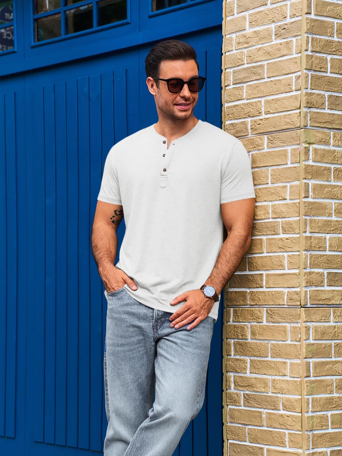 Runcati Męski T-shirt z krótkim rękawem, Henley, na lato, regularny krój, top, okrągły dekolt, jednokolorowa, basic, casualowa, z listwą guzikową
