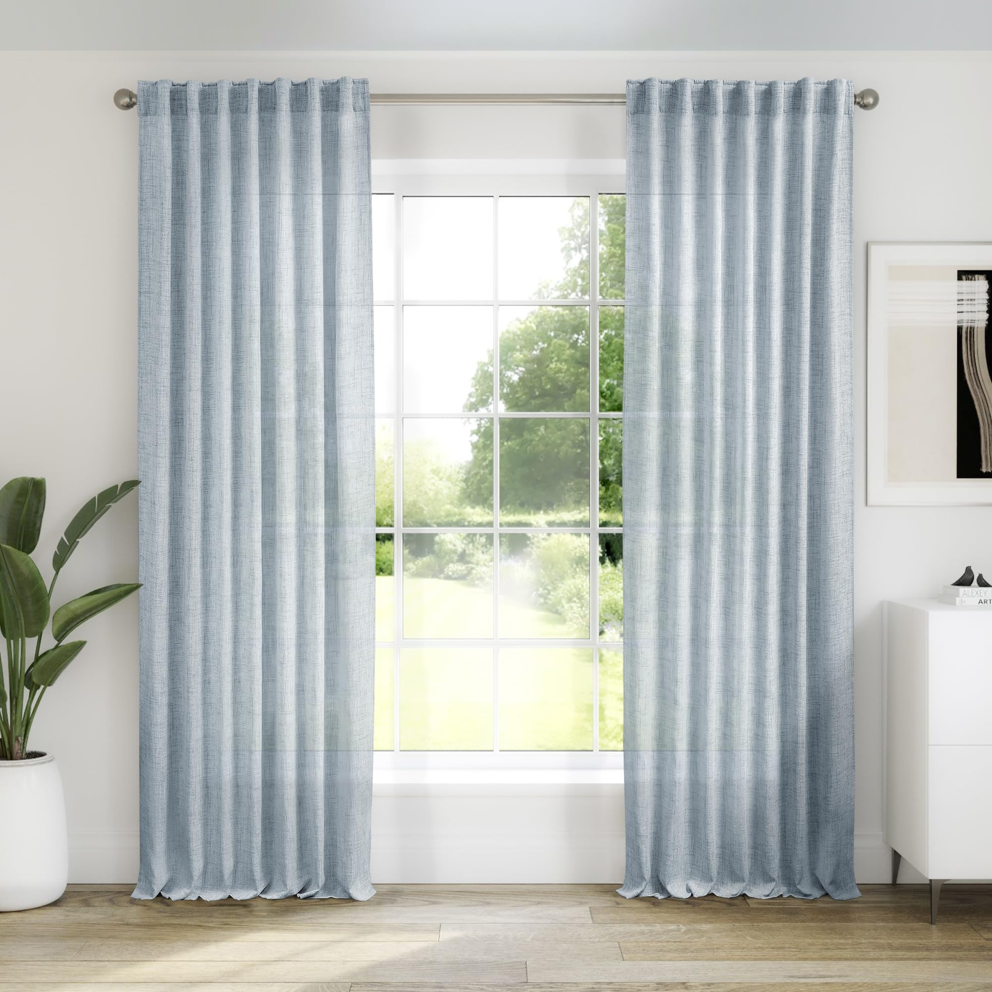 Blue Linen Curtains 108 Inches Long for Living Room 2 Panels Set Back Tab Pocket Farmhouse Boho Light Filtering Semi Sheer Dusty Stone Blue Curtains for Bedroom Dining Room, 9 FT Tall Grey Blue