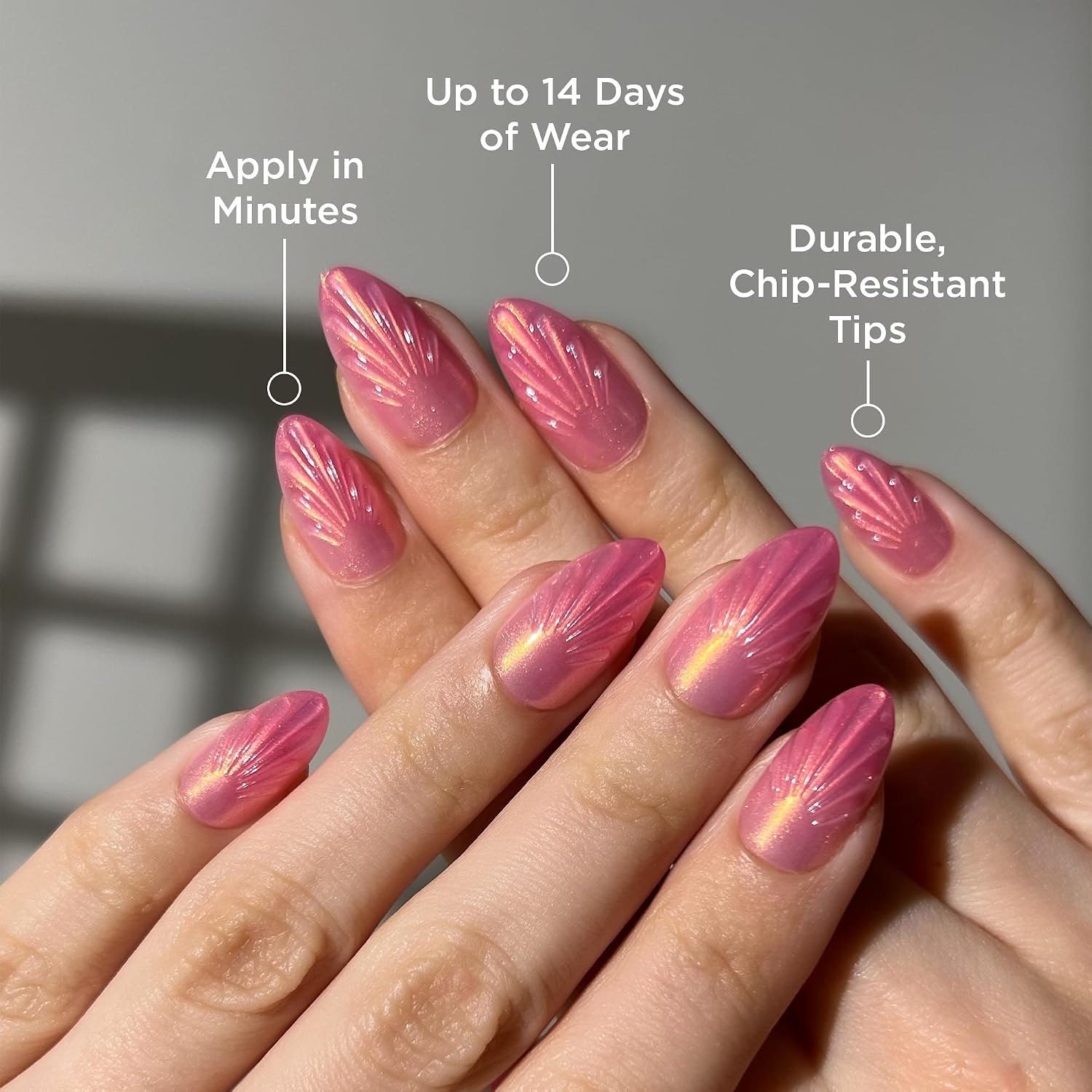 PaintLab Short Almond Press On Nails - Pink Mermaid Seashell Fake Nails, 30 Nails in 15 Sizes with Glue, Reusable Salon Quality Nail Press Ons