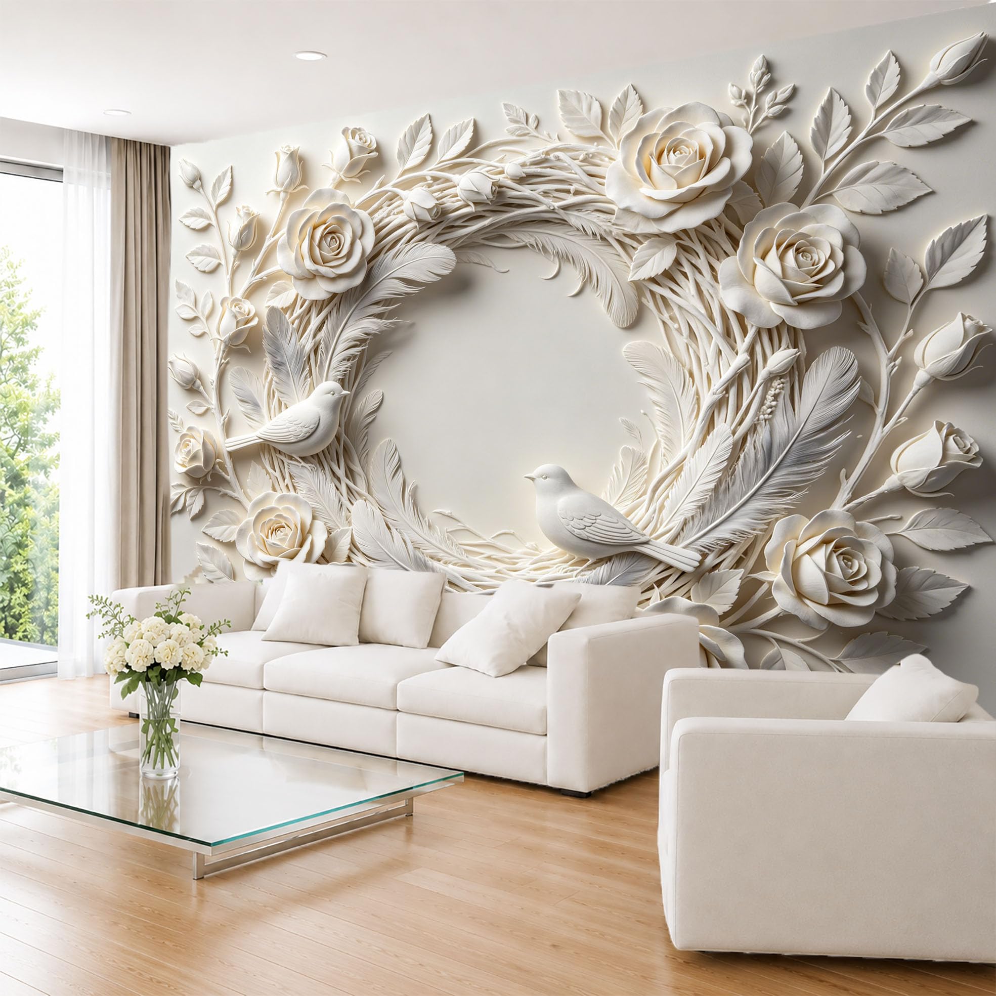 Carta Da Parati Fotografica con Ghirlanda Di Rose E Scultura Di Uccellino, Murale Da Parete 300×210 cm (Lxa), In Tessuto Non Tessuto, Decorazione Floreale Romantica per Soggiorno, Divano, Sfondo Tv