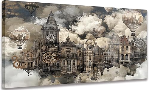 Vista 13 de Framed Vintage Mechanical Airship Wall Art Retro Industrial Metal Canvas Print Steampunk Style Fantasy Machine Illustration Artwork for Living Room