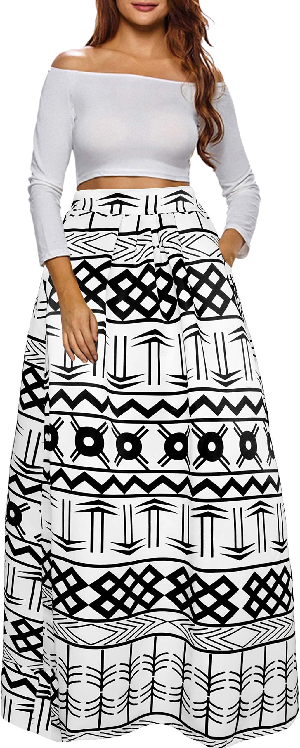 Sinono Women's African Printed Maxi Skirt Flared A Line Long Skirts