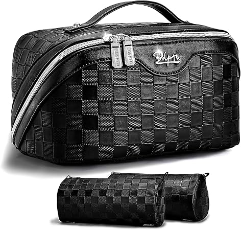 BOYATU Travel Makeup Bag Organizer: 3 Pcs Set Large Capacity Cosmetic Bags Holds 10–20 100ml Full-Size Bottles for 3–15 Day Trips - 180°Open-Flat Make up Case 3-sec touch-up - Toiletry Bag Gift women