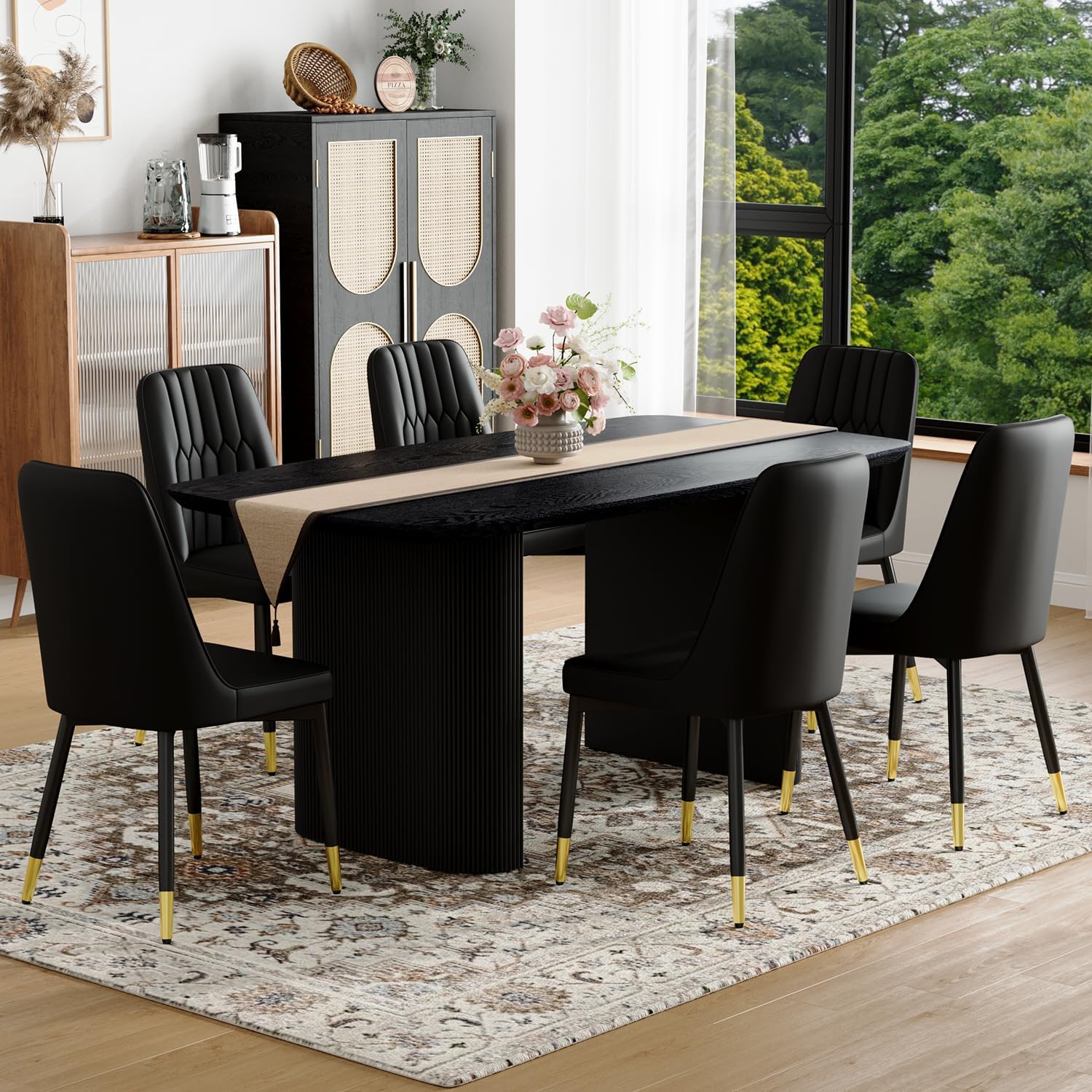 TesNus Modern Dining Table Set for 6, 67'' Black Dining Table Set with 6 Upholstered Metal Chairs, 3.5'' Oval Wood Top and Matte Black Pedestal Base, Rounded Corners Kitchen & Dining Room Table Set