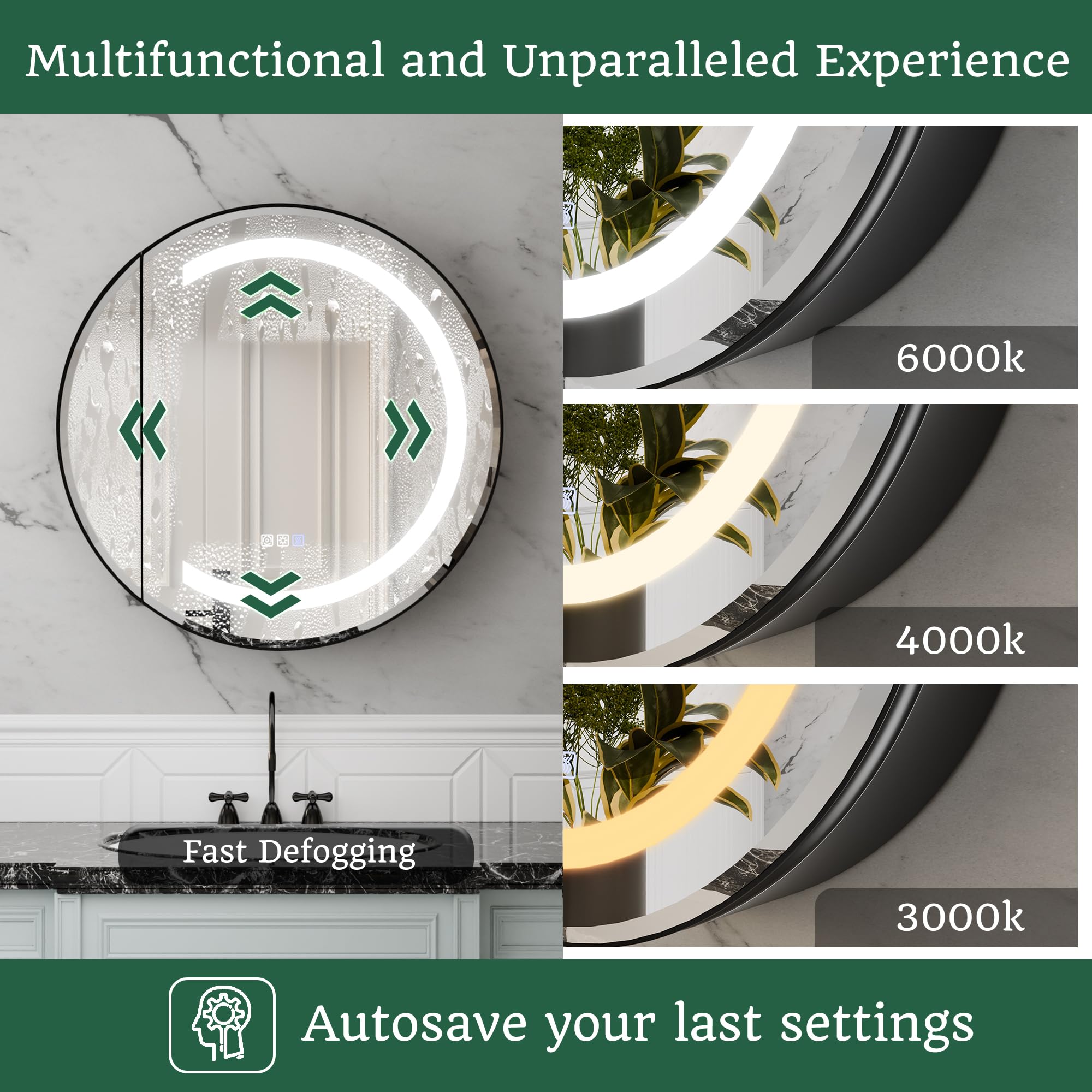 ComfyStyle 28 Inch Round Glossy Black Lighted Medicine Cabinet, Stepless Color Temperature LED Round Mirror with Adjustable Shelves, Surface Mounted Modern Aluminum Frame Bathroom Cabinet