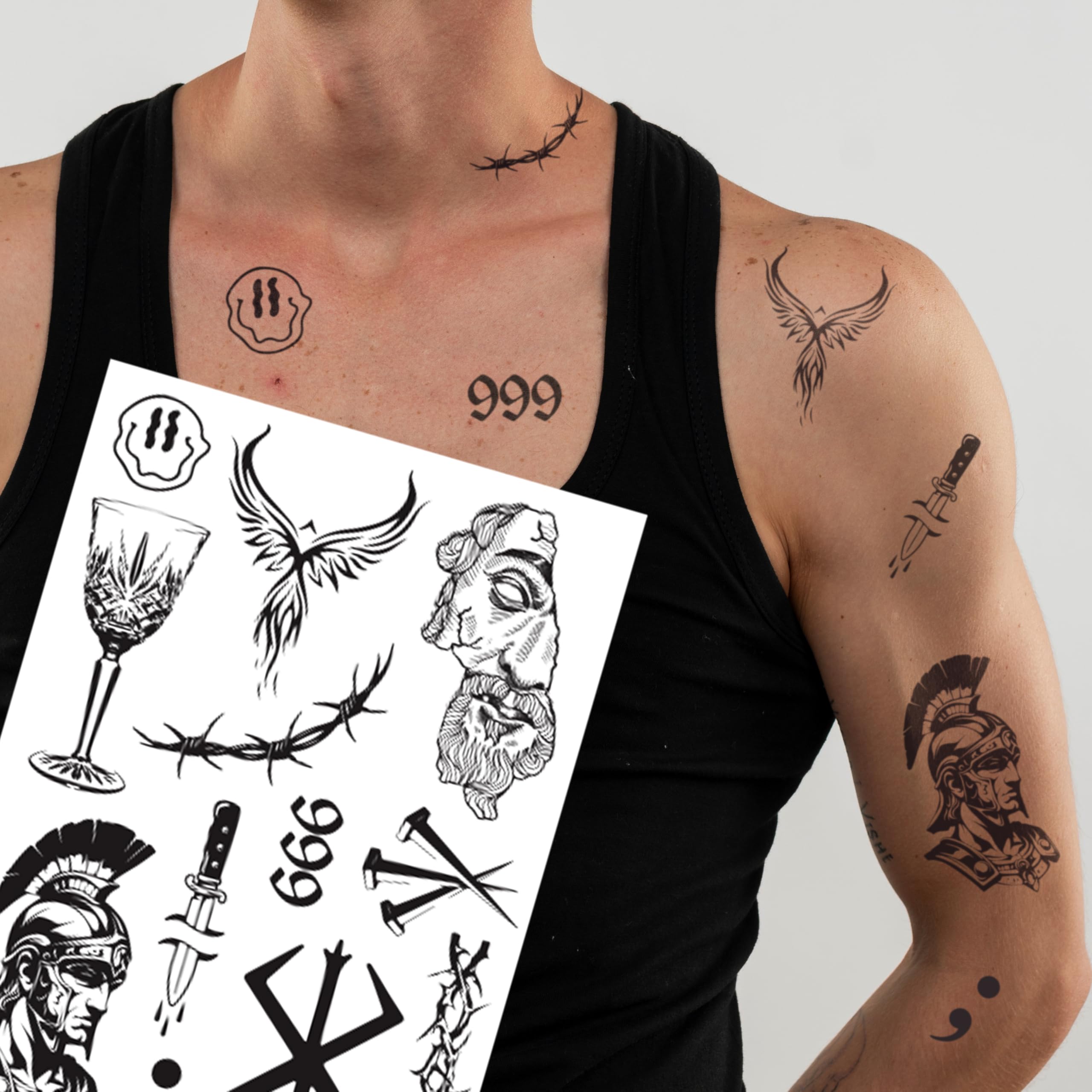 BARE INK - 12 Pcs Semi-Permanent (Temporary) Tattoos for Men & Women – Natural Plant-Based Ink, Gothic Warrior theme | Waterproof & Sweatproof Fake Tattoo Stickers for Arm, Hand, Neck