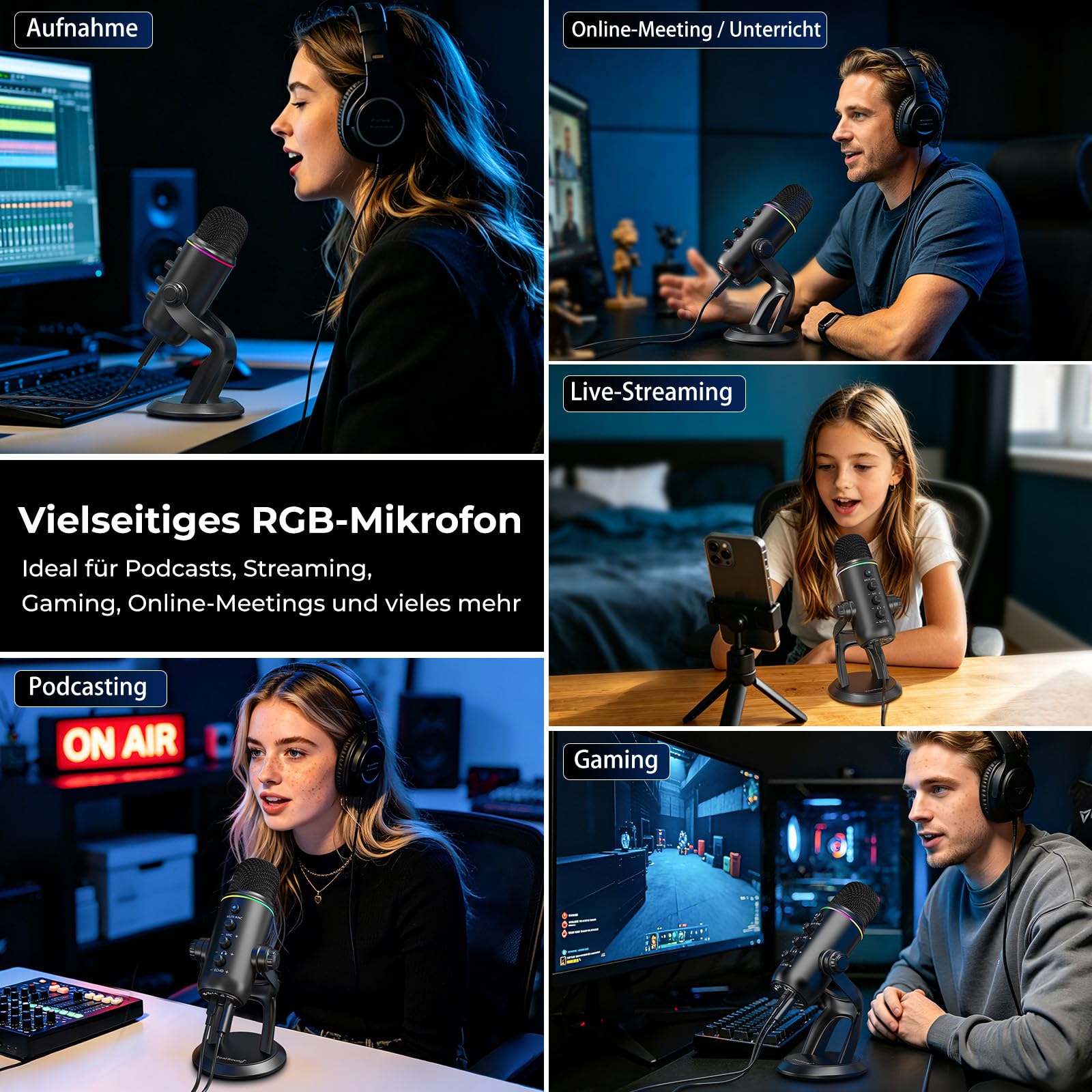 zealsound USB Mikrofon für PC & Smartphone, Plug & Play Podcast Mikrofon mit Rauschunterdrückung, Stummschaltung & Verstärkungsregelung, Desktop Kondensatormikrofon für Gaming, Streaming & Aufnahmen