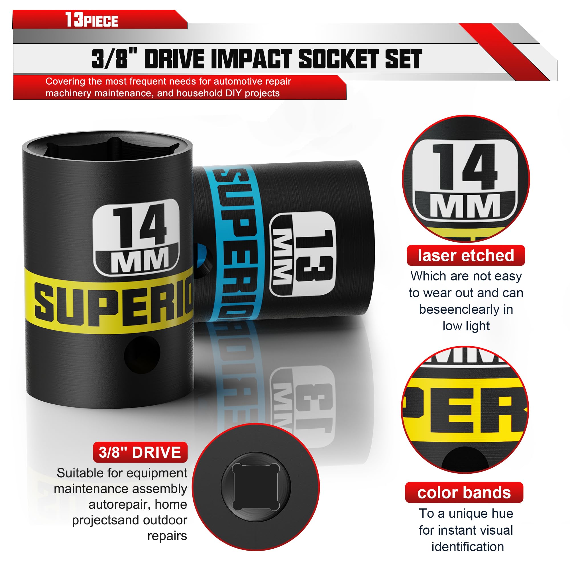 Juego de 13 Piezas Vasos de Impacto 3/8", 7-19 mm Llaves de Vasos Impacto Set, de Cromo Vanadio, Dados de Impacto Para Muebles, Auto Reparación