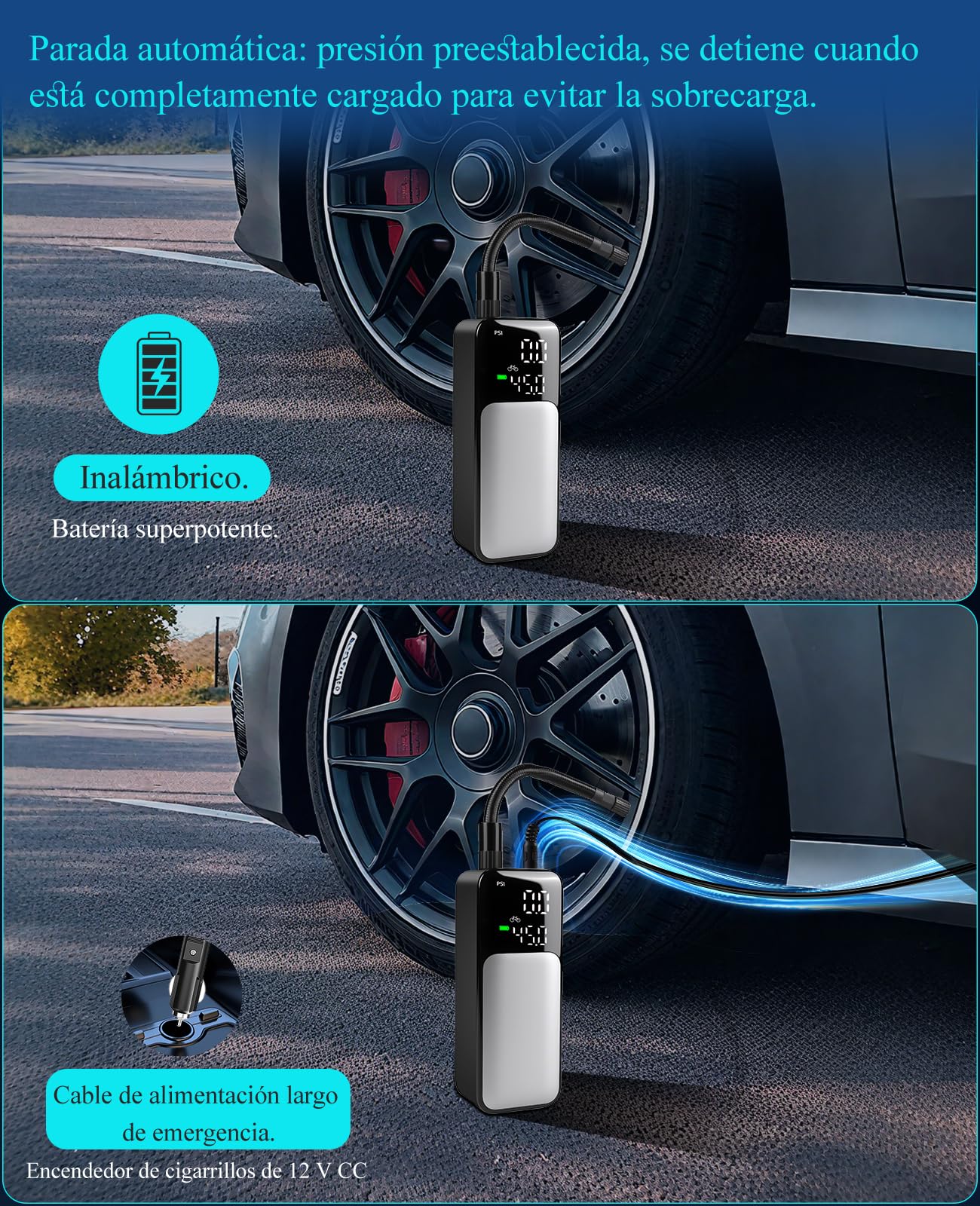 Compresor Aire Portatil Inflador Ruedas Coche 8000mAh 150PSI radiador Espiral acelera disipación Calor&Power Bank Hinchador Electrico Bicicleta para Auto con LED, para, Moto, Bicicleta, Pelot