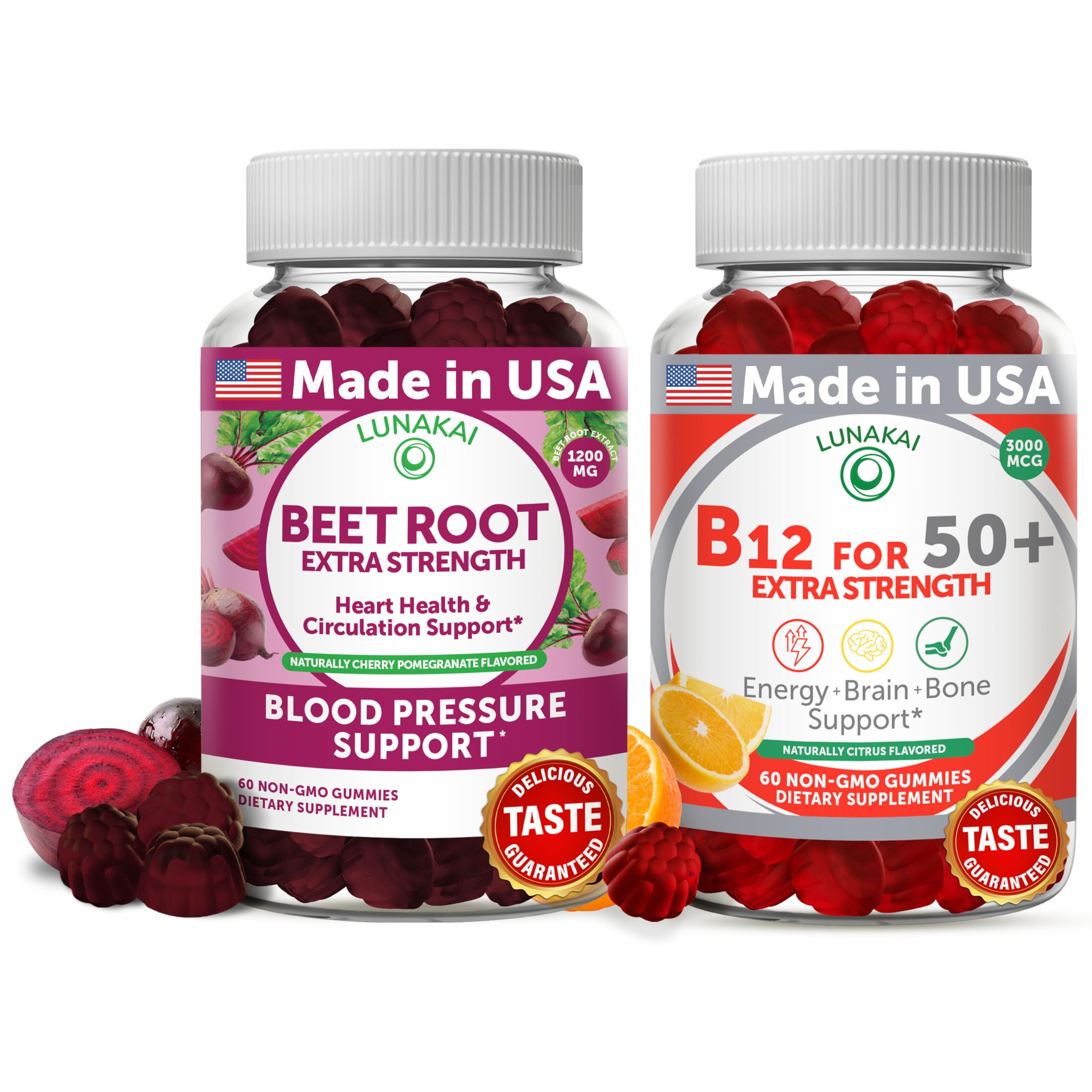 Lunakai Beet Root and Vitamin B12 Gummies for Adults 50 Plus Bundle Proprietary Antioxidant Blend - Heart & Circulation Support, Energy & Vitality Boost, High Strength