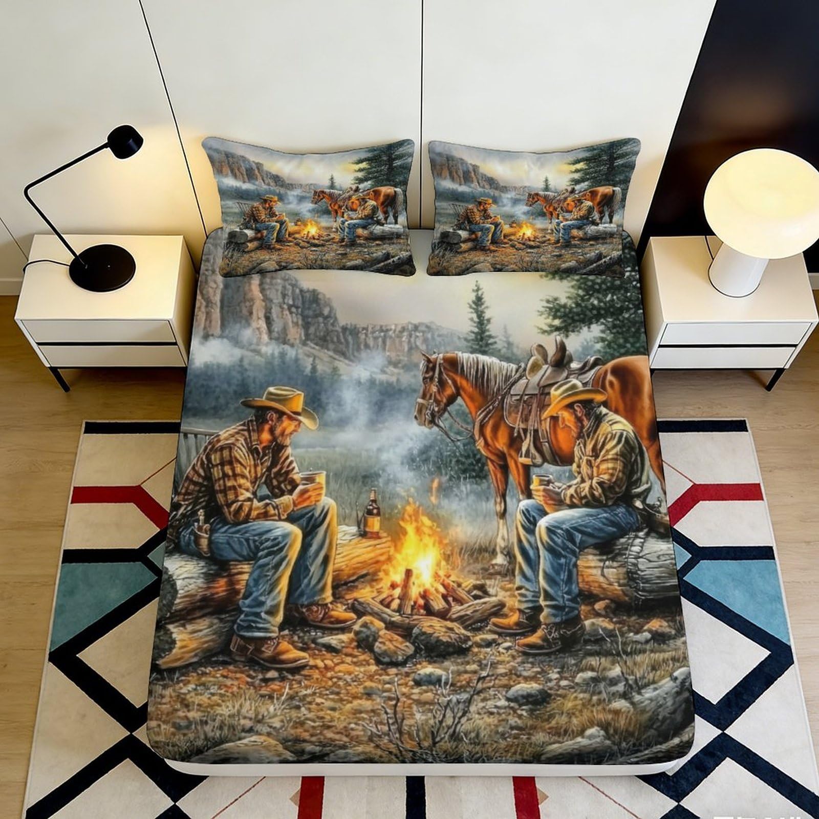 3D Printed Western Cowboy Campfire Fitted Sheet Microfiber Soft Anti-Slip Horse Landscape Mattress Cover Bedroom 180x200x25cm