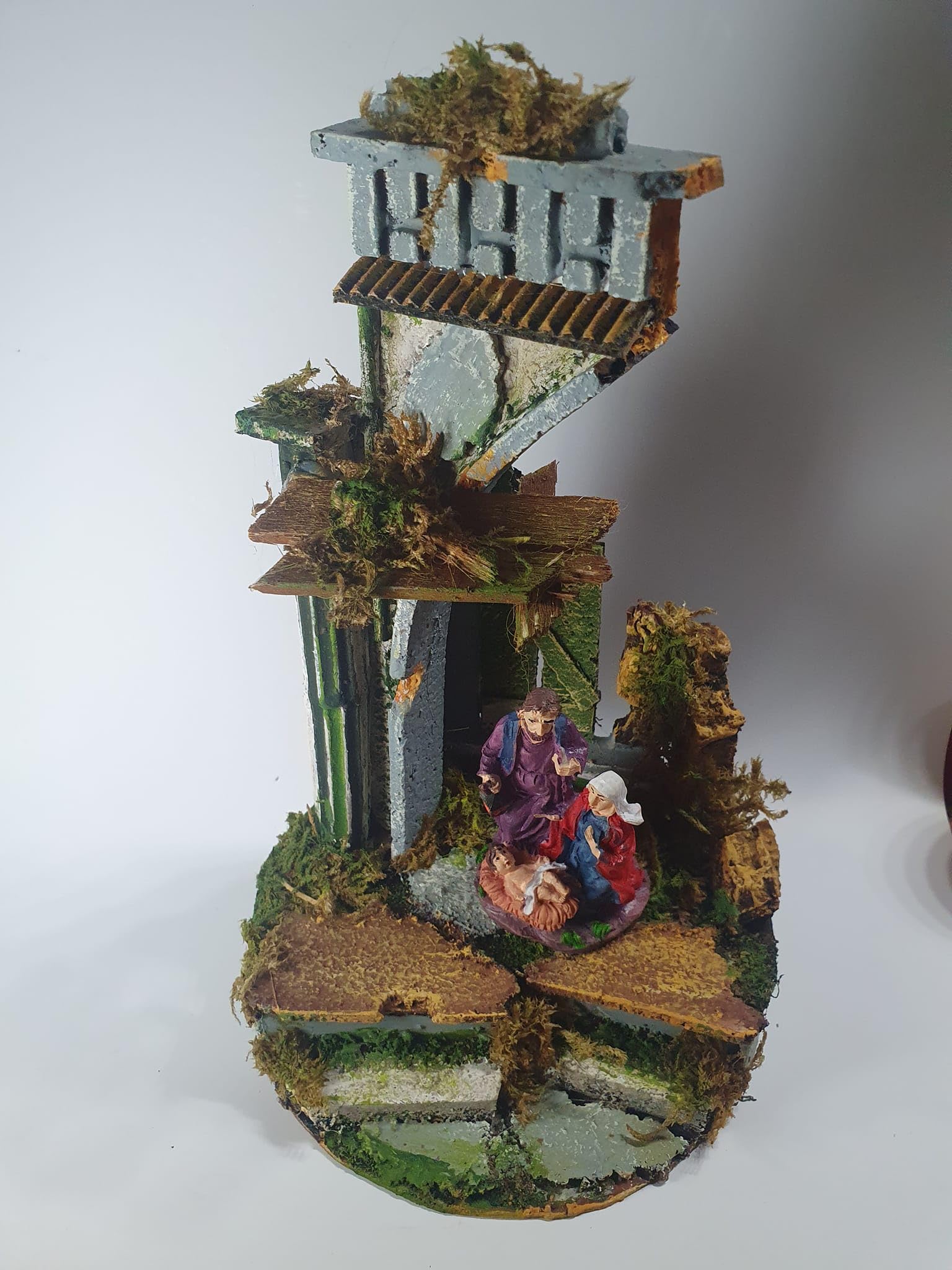Mini-Tempo Krippe Art 5 Durchmesser 14 Höhe 22 cm Holz und Kork mit oder ohne Geburt Hirten Harz 6 cm, geeignet für Glasglocke