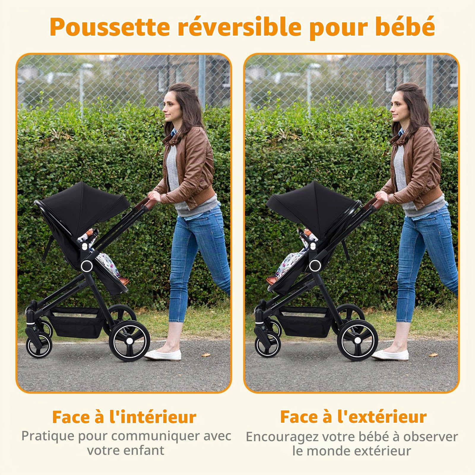 Poussette duo compacte 3-en-1 châssis léger charge 26 kg noir