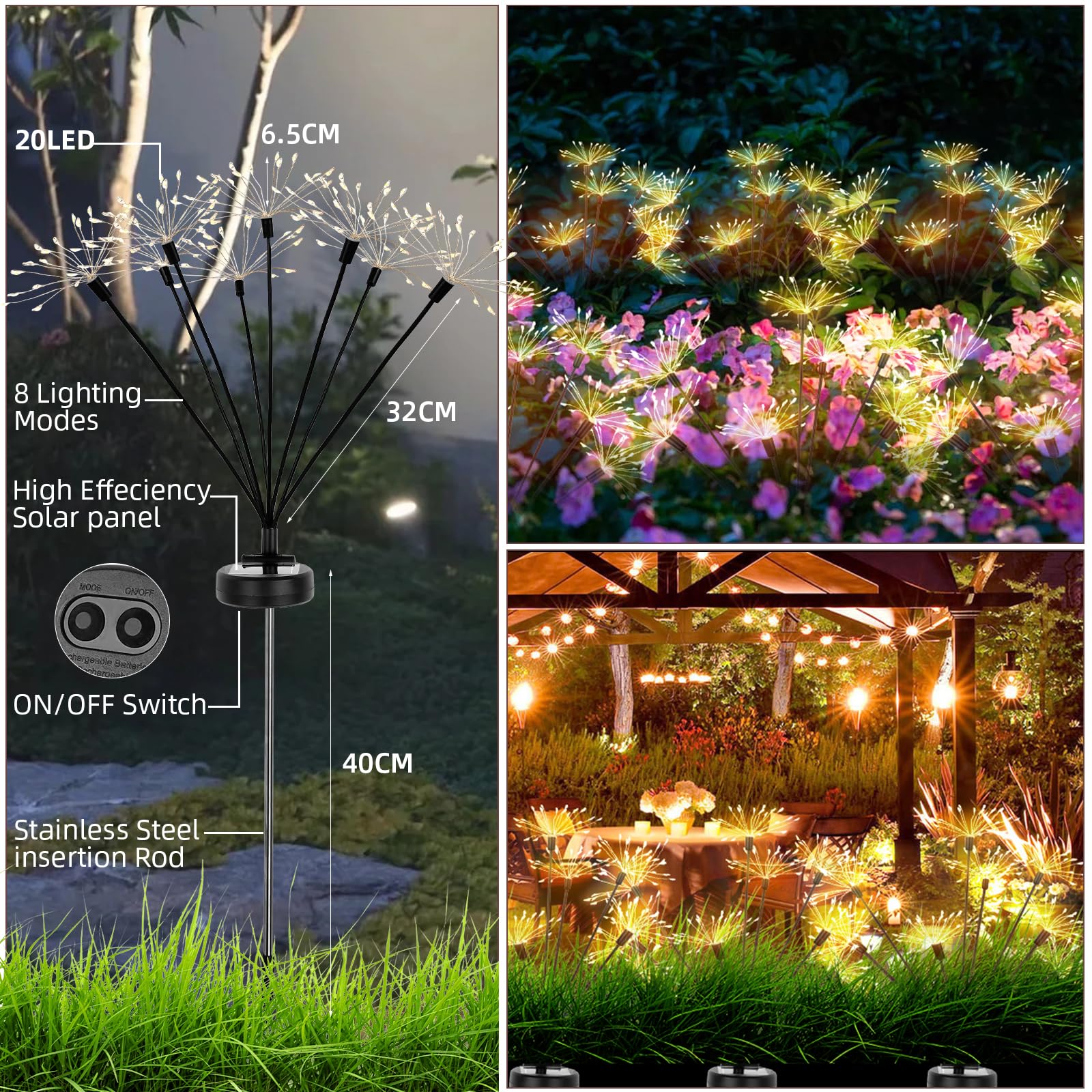 Annefly 2 Pack 160 LED Solar Garden Lights Solar Firework Lights with 8 Modes Waterproof Swaying Firefly Light for Outdoor Garden Patio Pathway Decor - Image 2