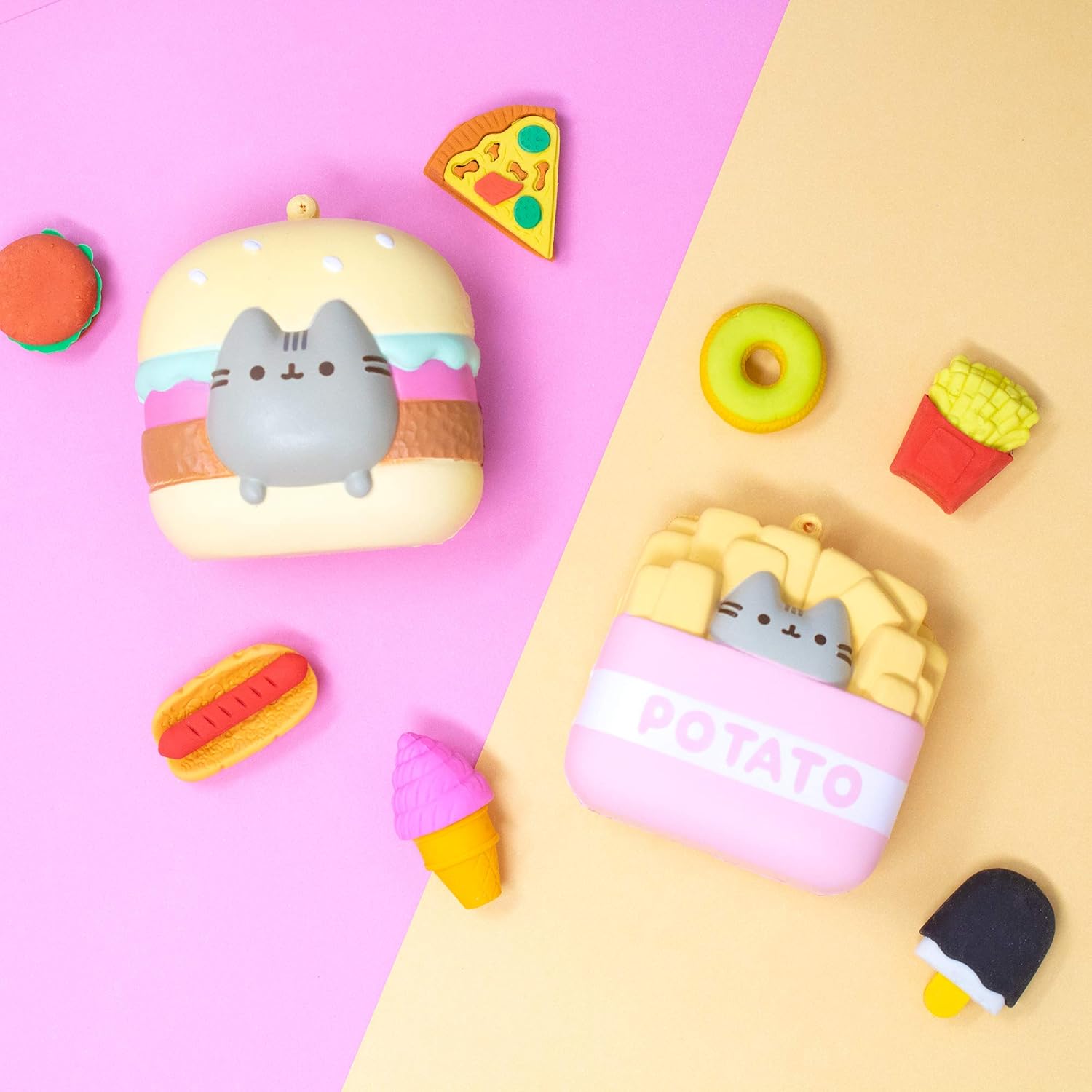 Hamee Pusheen Tabby Cat Junk Food Slow Rising Squishy Toy [Square Series] (French Fries) [Christmas Tree Ornaments, Gift Box, Party Favors, Gift Basket Filler, Stress Relief Toys]