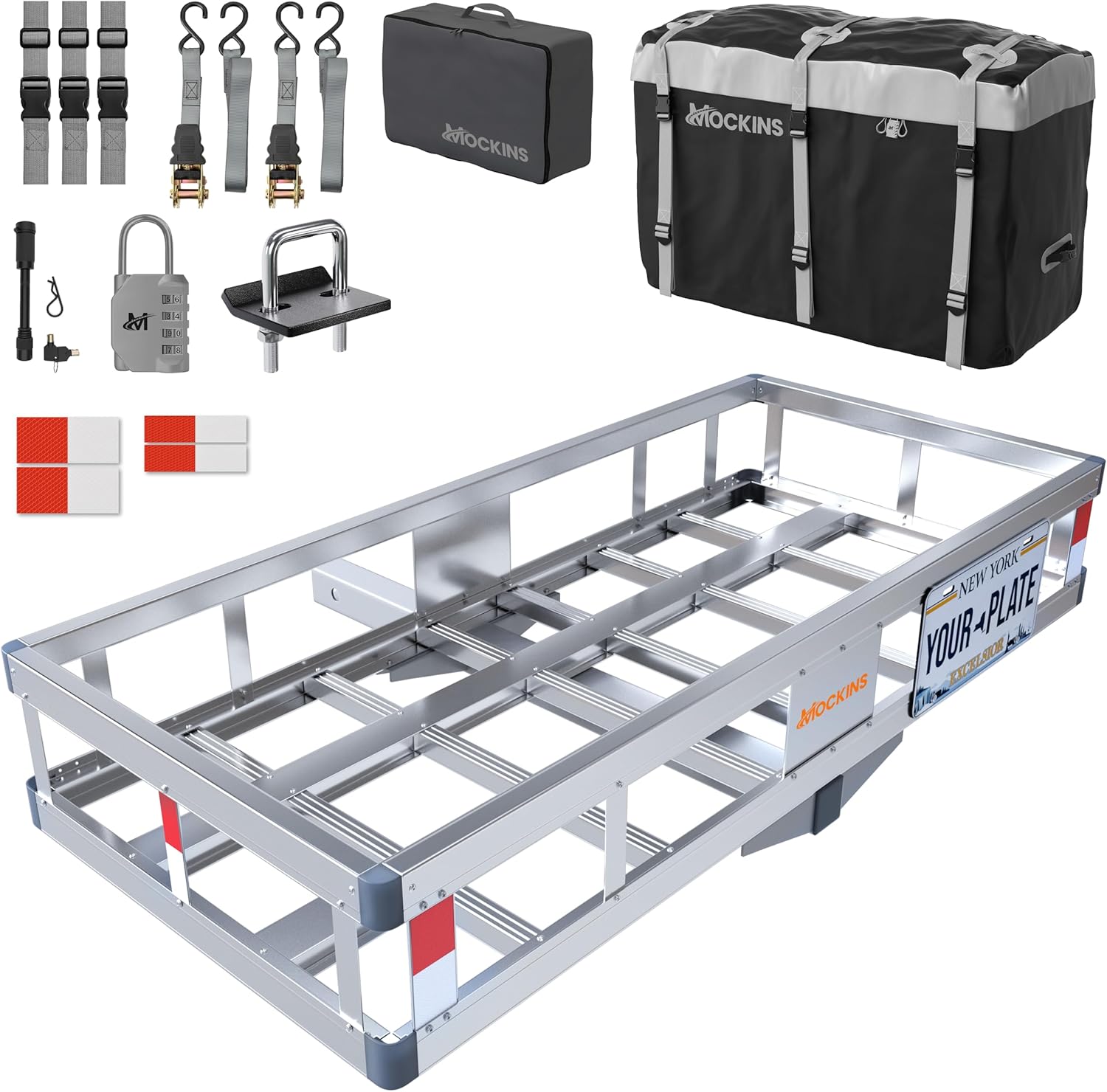 Mockins 49"x22"x7" Aluminum Hitch Cargo Carrier & 20 Cu Ft Waterproof Cargo Bag | 500 lbs. Capacity Hitch Basket | Lightweight Aluminum Cargo Carrier Kit for 2" Receivers w/Locks, Stabilizer & Straps