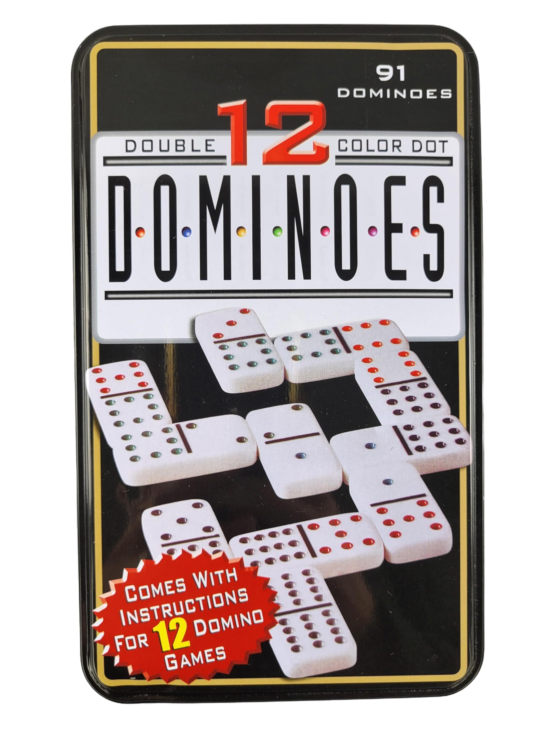 Domino Couleur Double 12 en Boîte en métal 91 Pièce avec Colorés à pois