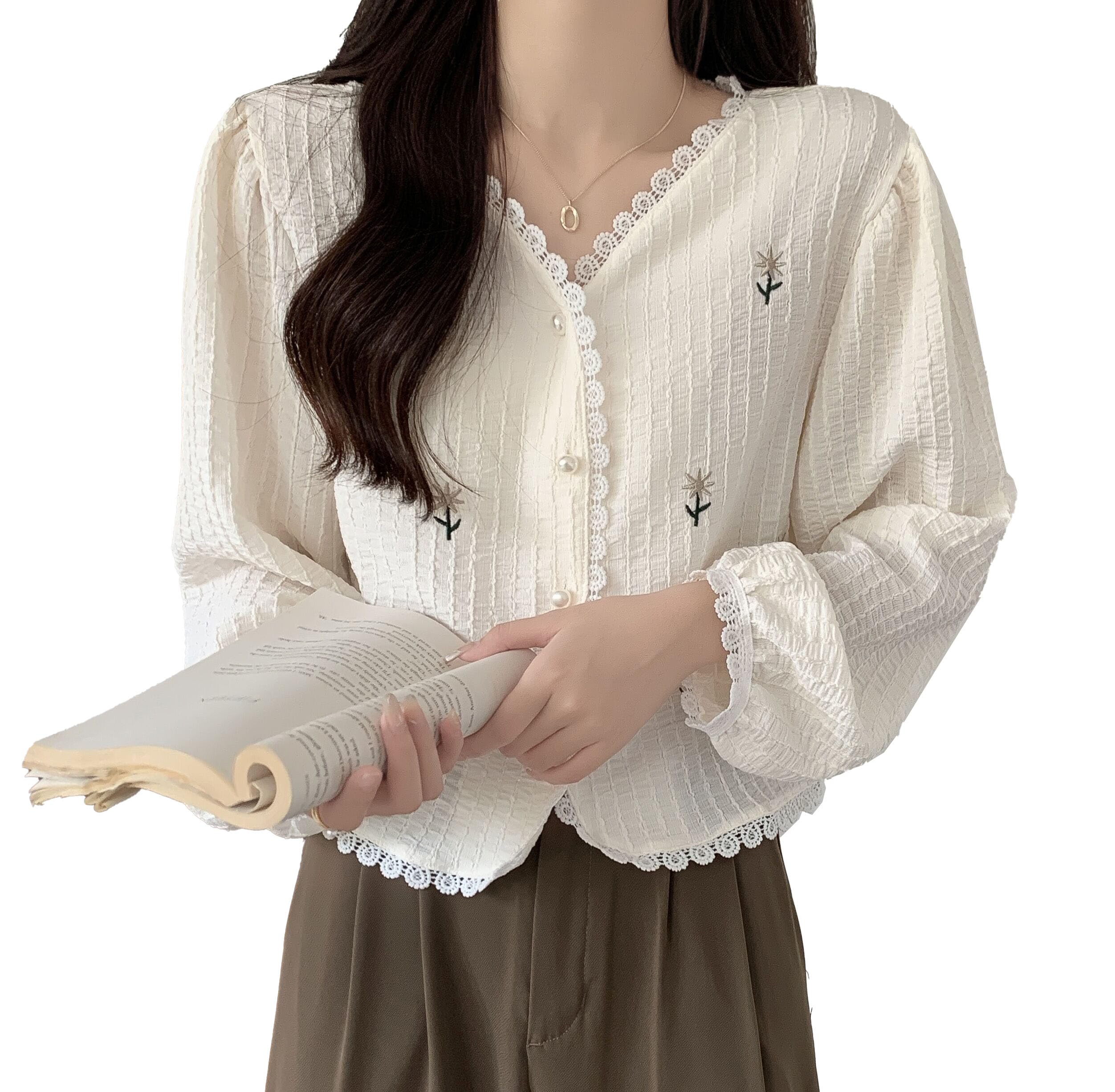 icw Women Korean Retro Style Floral Embroidered Button Down Lace V-Neck Long-Sleeve Crop Top Shirt for Girls DN65-picture-29