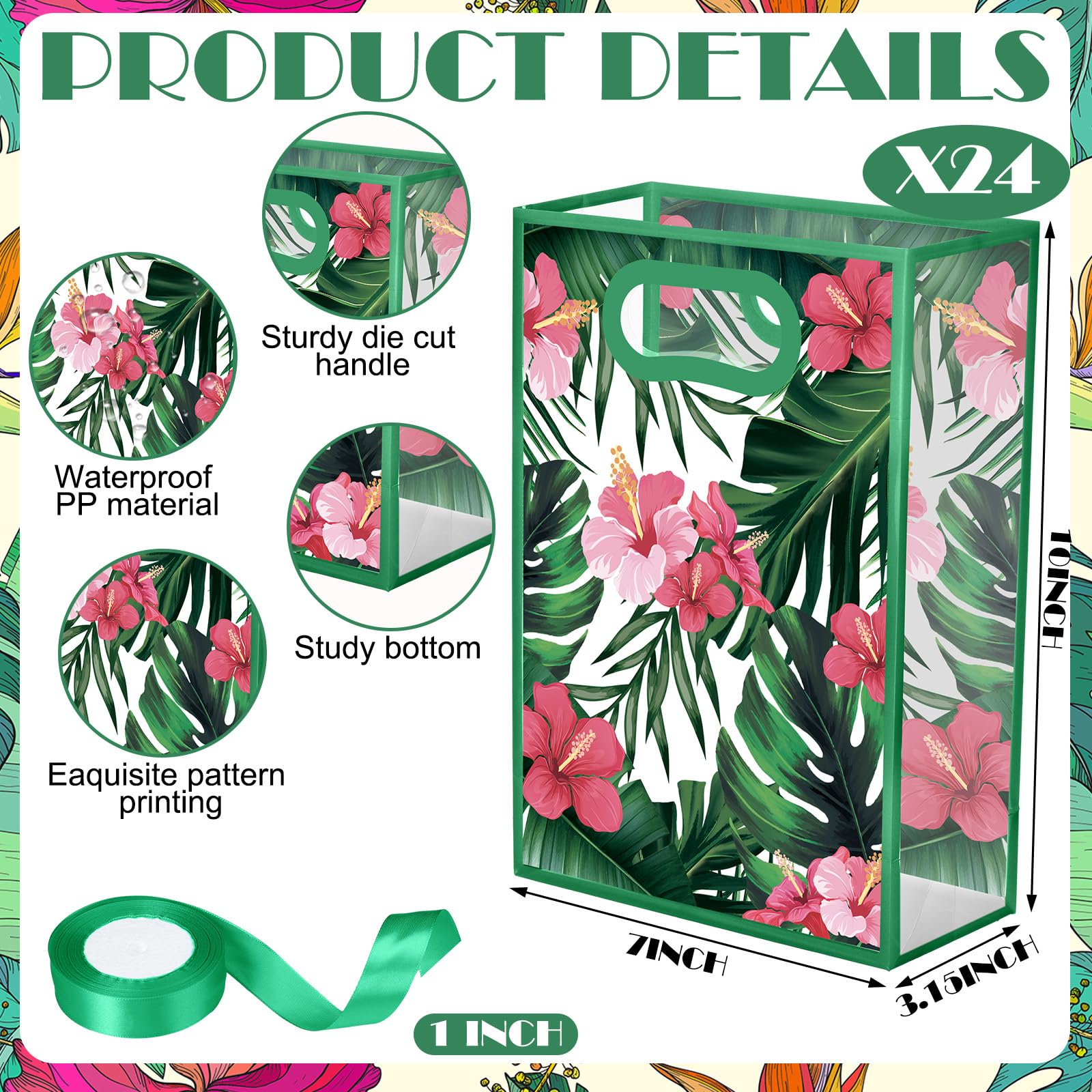 Geyoga 24 Pcs Hawaii Aloha Gift Bags with Handles 7x10x3.15 Inch Tropical Luau Clear Reusable PVC Gift Bag with Ribbon for Women Wedding Birthday Baby Shower Bridal Shower Summer Spring Party Supplies