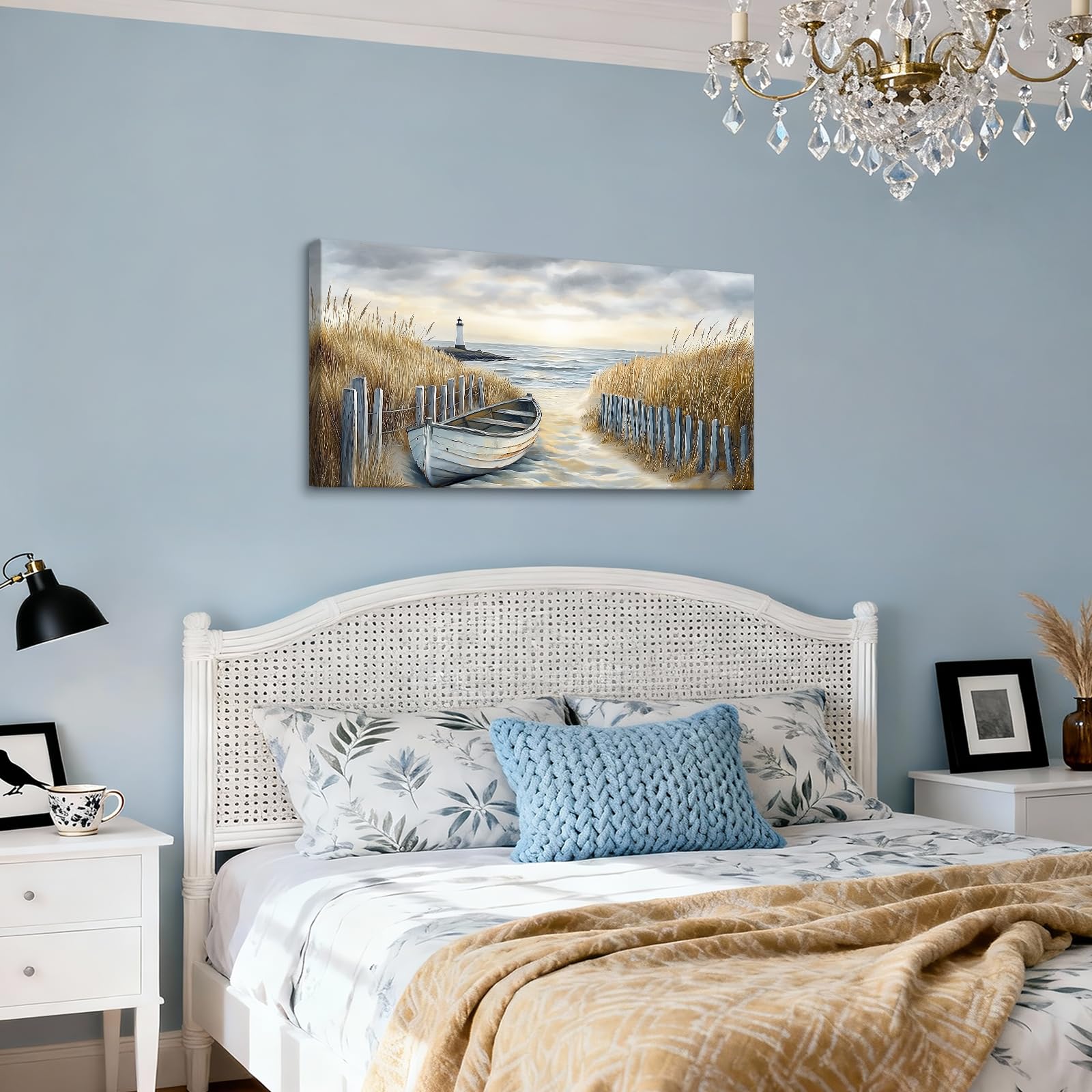 WENGTIAO Plage Côtière Grande Tableau Decoration Murale Encadré Toile Peinture Bateau Phare et Paysage Marin Decoration Murale Salon Maison Deco Bureau Chambre 100x50 cm