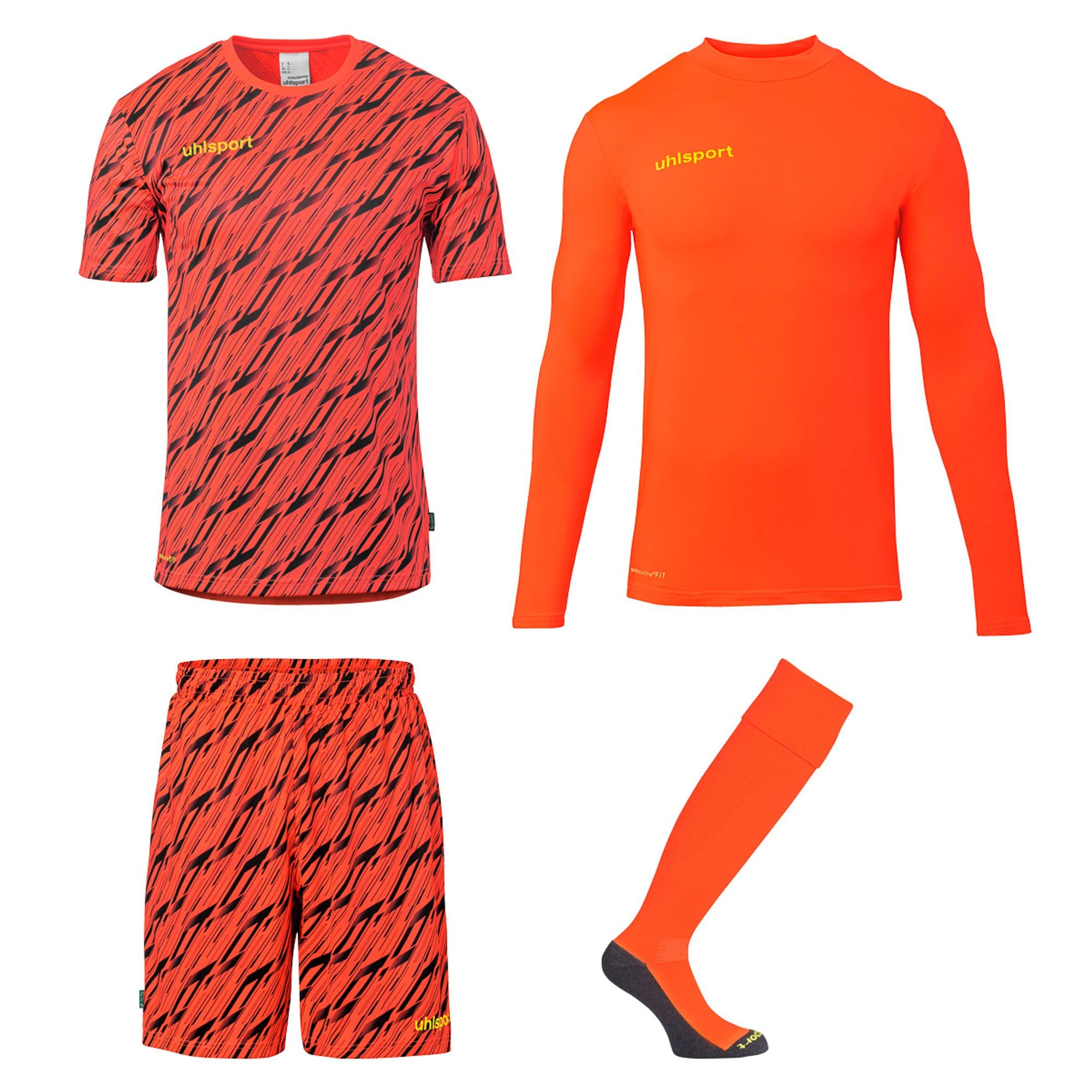 uhlsport Progresywny zestaw bramkarski – kompletny zestaw koszulki piłkarskiej składający się z warstwy bazowej, koszulki, spodni i getrów