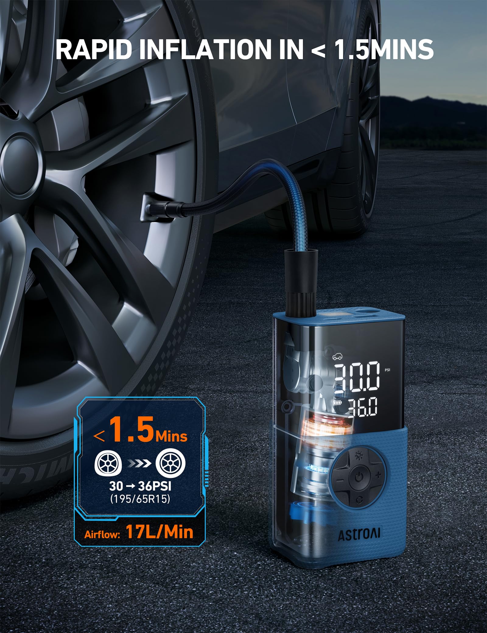 AstroAI L7S Tire Inflator Portable Air Compressor Cordless with Digital Pressure Gauge, 150 PSI LED Light Bike Air Pump with Fast Inflation & Auto view 4