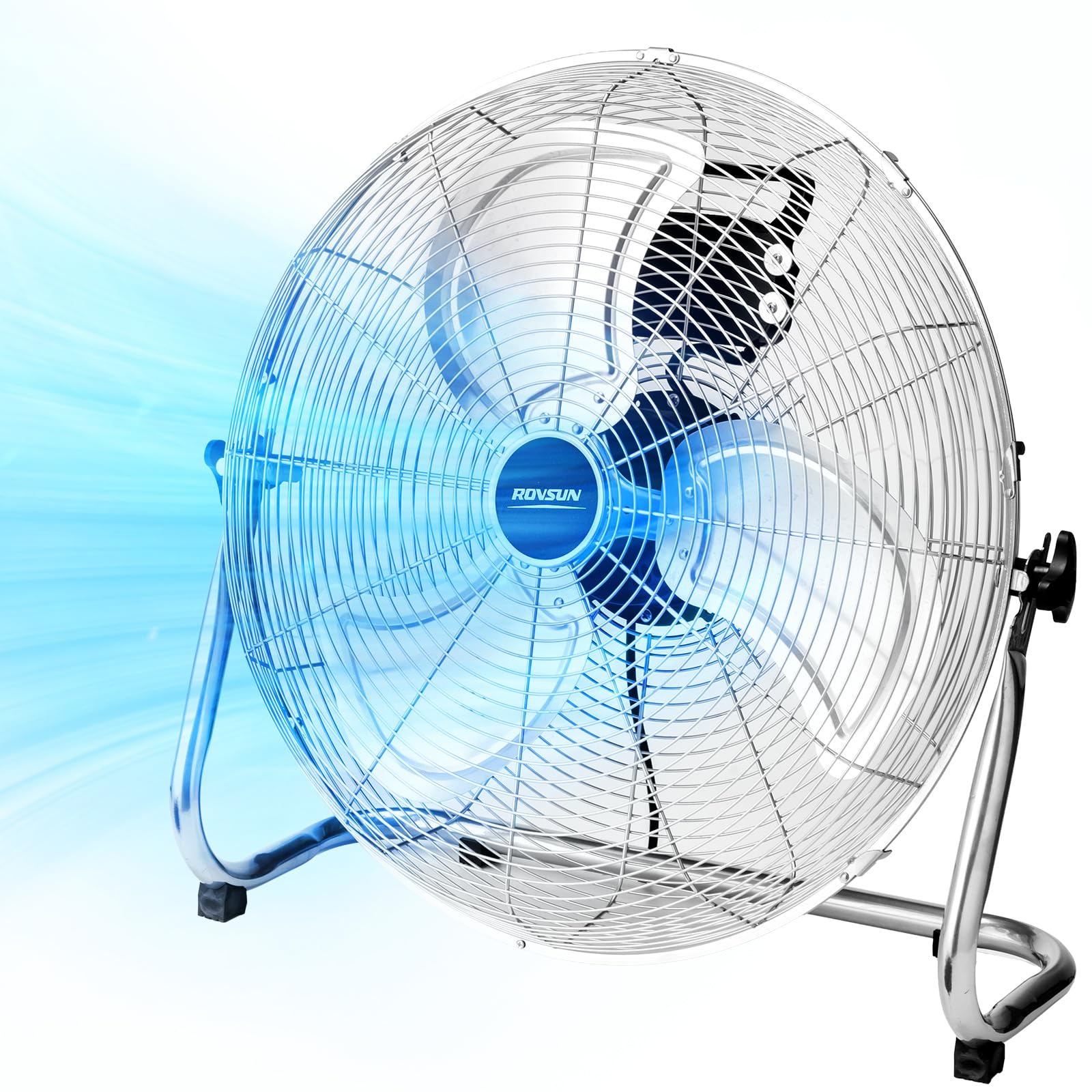 ROVSUN 20'' Floor Fan, High Velocity Heavy Duty Metal Fan with 3 Speeds, Adjustable Tilt 90-180°, Aluminium Blades, Powerful Industrial Air Circulator for Home Gym Garage Warehouse, Silver