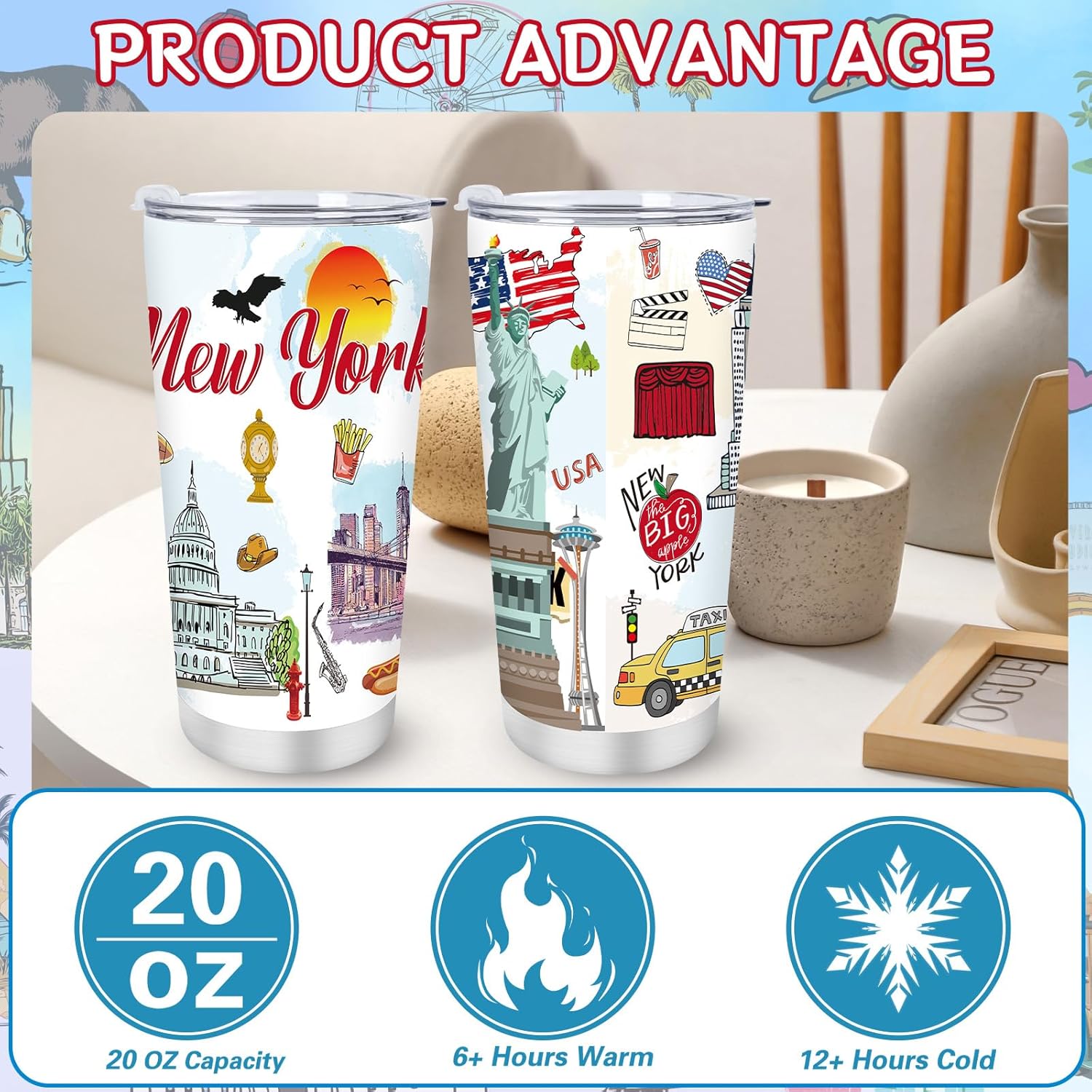 Keluna New York Souvenirs Gifts - 20Oz Stainless Steel New York Coffee Cup with Lids Straw Brush, Insulated NYC Travel Mug, City Travel Trip Birthday Christmas Mother's Day Gifts for Friends Familes - Image 5