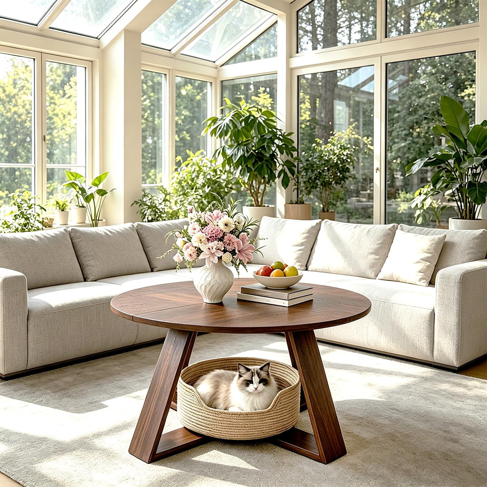 HAIOOU Round Coffee Table for Living Room with Open Storage -Walnut Wood — product photo