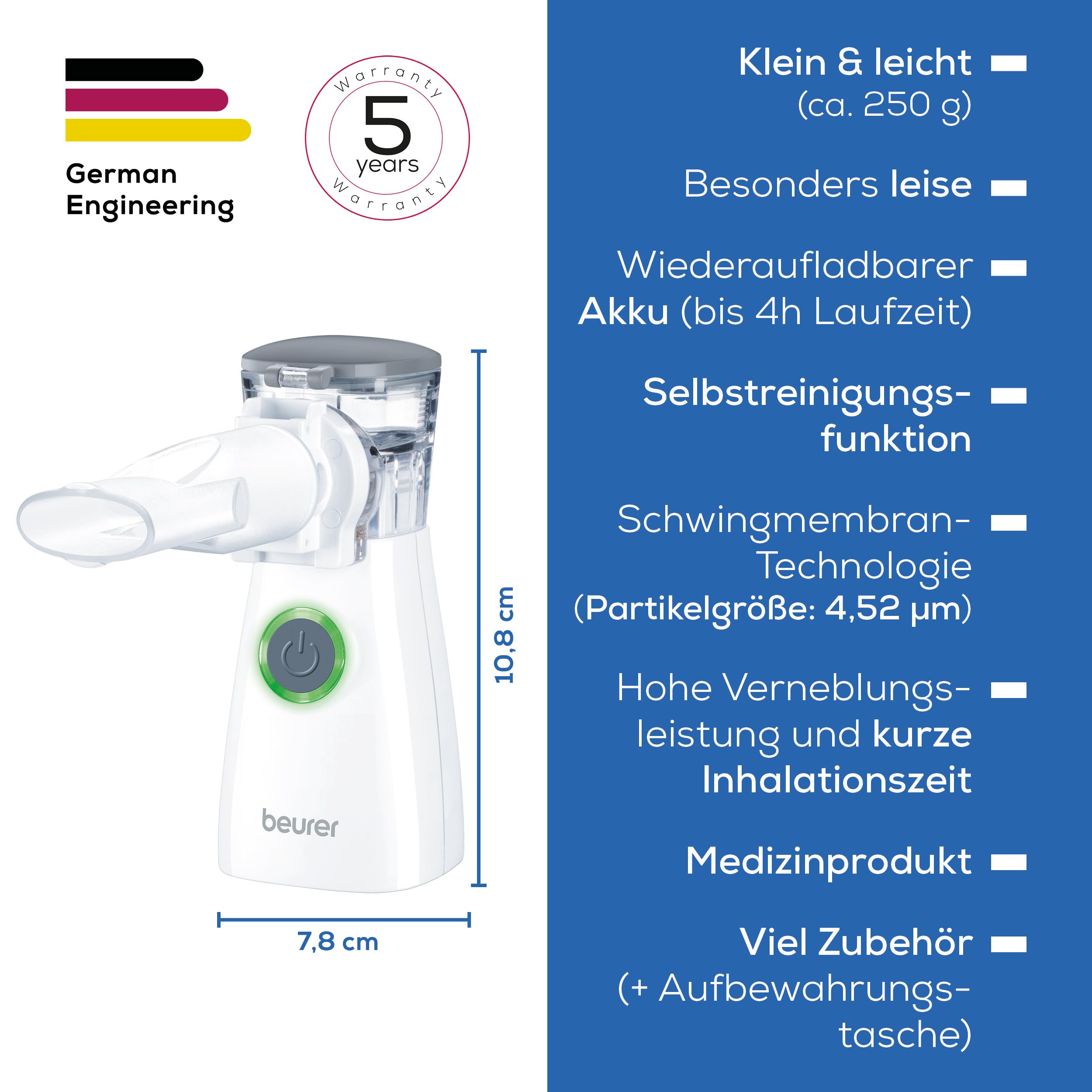 Beurer IH 57 Inhalator, Verneblung mit Schwingmembran- und Aerosol-Technologie, tragbares Inhaliergerät mit wiederaufladbarem Akku, zur Anwendung bei Erkältung, Asthma und anderen Atemwegserkrankungen