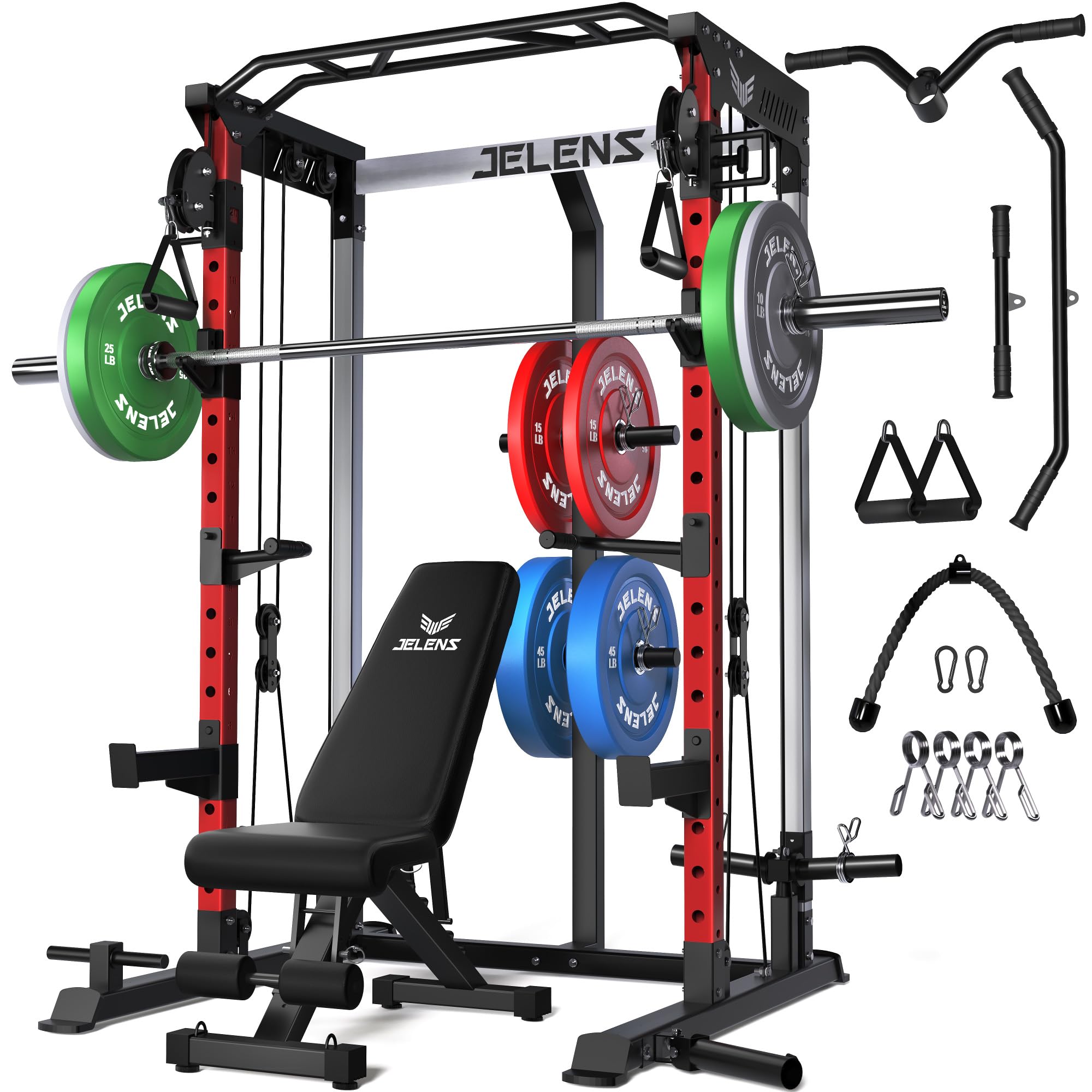 JELENS C21 Power Cage, 2000LBS Multi-Function Power Rack with Independent Dual Pulley System, All-in-One Squat Rack for Cable Crossover, Home Gym Workout Machine