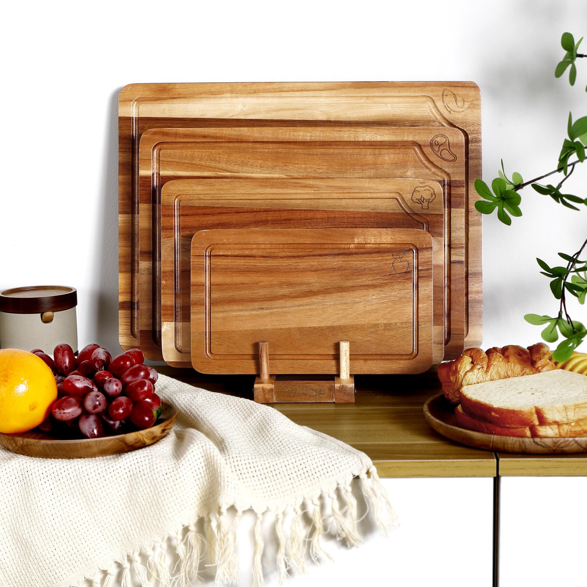 Set de 4 Tablas de Cortar, Tablas de Cortar de Madera de acacia, con Soporte y Símbolos de Alimentos, Ideal para Carne, Verduras, Frutas y Queso