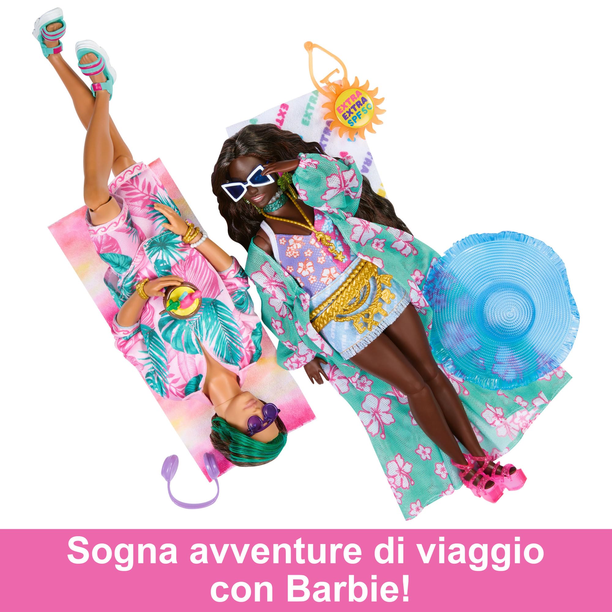 Barbie - Extra Fly, Bambola viaggiatrice con Look da Spiaggia, Cappello e Copricostume a Tema Tropicale e Borsa Oversize, Tanti Accessori Inclusi, Giocattolo per Bambini, 3+ Anni, HPB14
