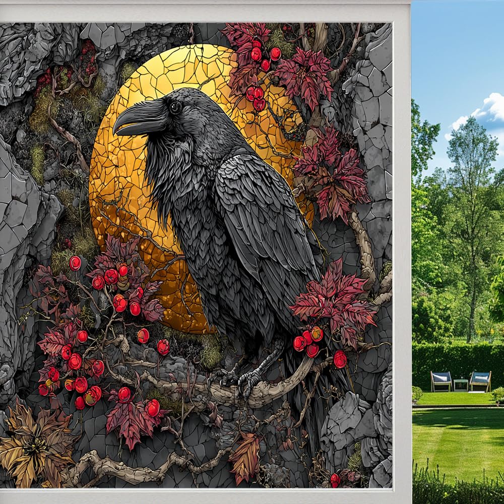 Retro Raven Frosted Window Film, Dark Wild Crow Fantasy Stained Glass Privacy Film, Heat Insulation Self-Adhesive Vinyl for Bathroom Office, （45x100cm）