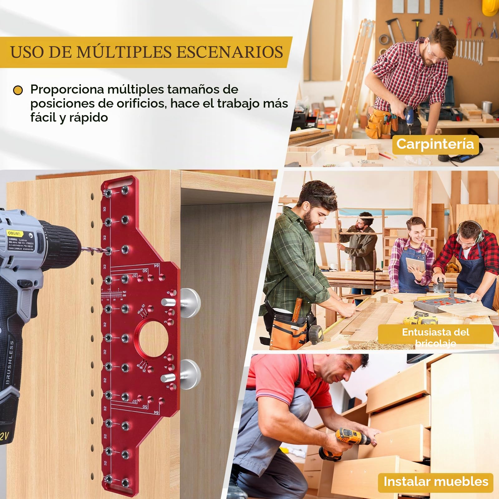 Plantilla de taladro alineada 2-en-1 – Para espigas y bisagras de 35mm Guía de aluminio con brocas de 5mm y 1/4 pulgada, herramienta perfecta para bricolaje y carpintería (Modelo Largo)