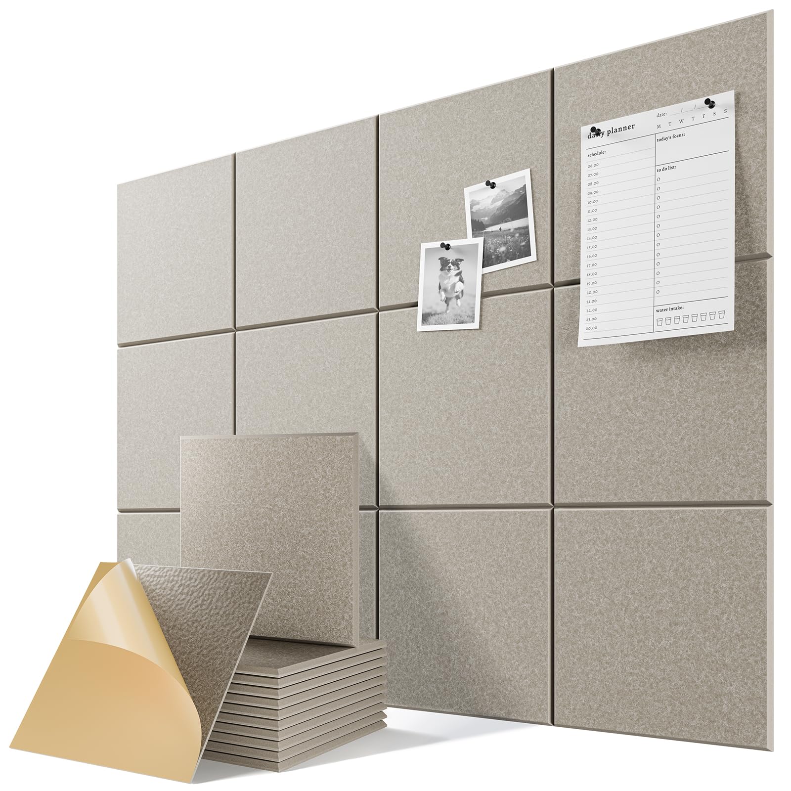 6-Pack Self-Adhesive Acoustic Panels, 12" X 12" X 0.4" High-Density Sound Proof Foam Panels for Walls, 36" x 24" Felt Bulletin Board, Soundproof Wall Panels for Home &amp; Office (Camel)