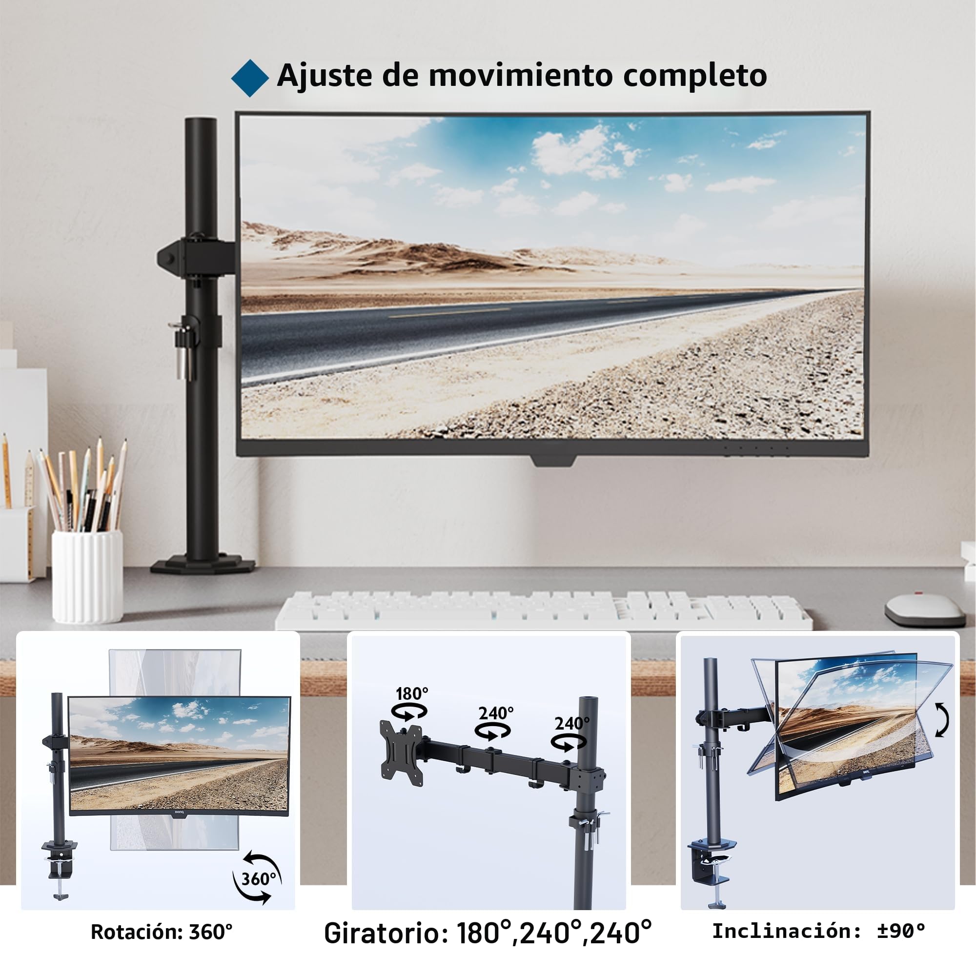 BONTEC Soporte Monitor Escritorio de un Solo Brazo, Brazo articulado 13-32 Pulgadas hasta 8 kg, inclinación Giro 360° Altura Regulable ergonómico, VESA 75x75 100x100, Ahorro Espacio gestión de Cables