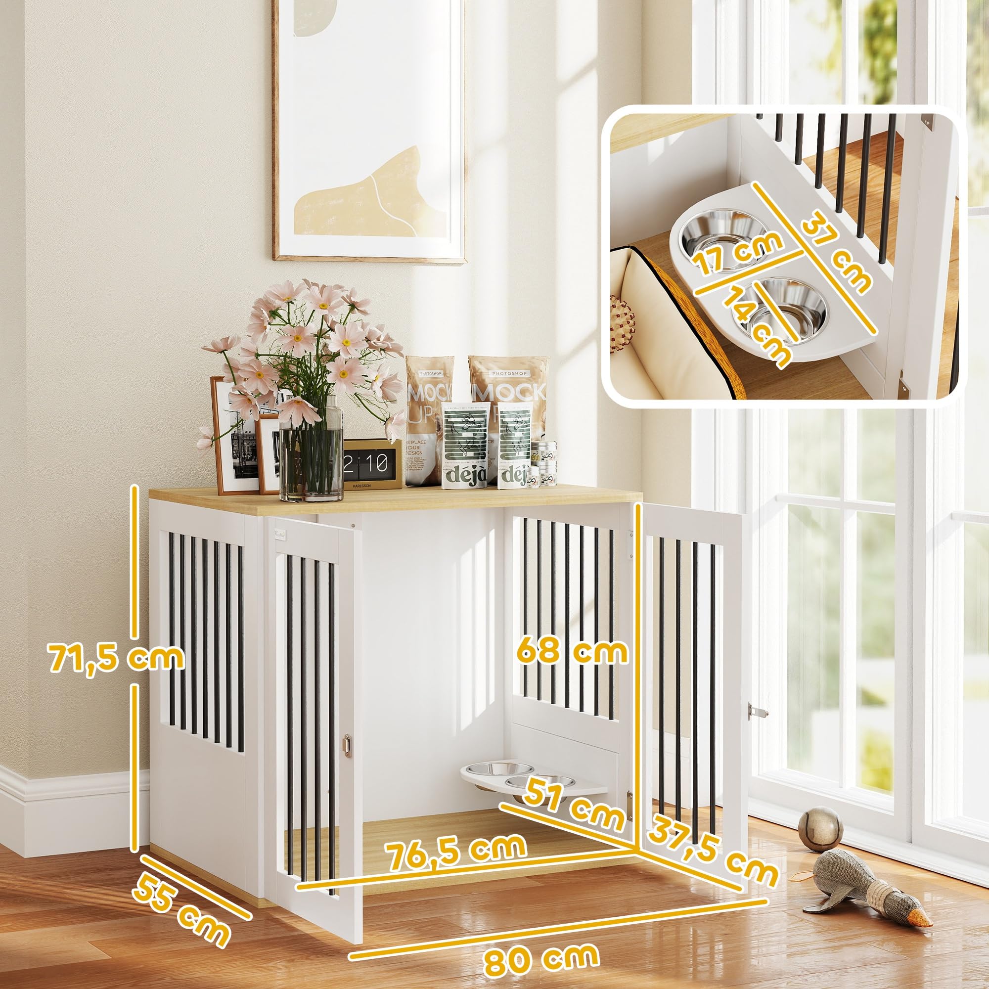 PawHut Jaula para Perros Medianos 2 en 1 Mesa Auxiliar con 2 Puertas con Pestillo Comedero Giratorio de 360° 2 Cuencos y Almohadillas Antideslizantes 80x55x71,5 cm Blanco