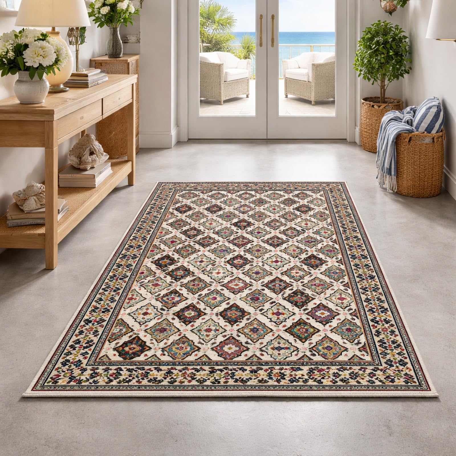 Tapis de décoration oriental 120 x 200 cm aux finitions soignées en poils ras