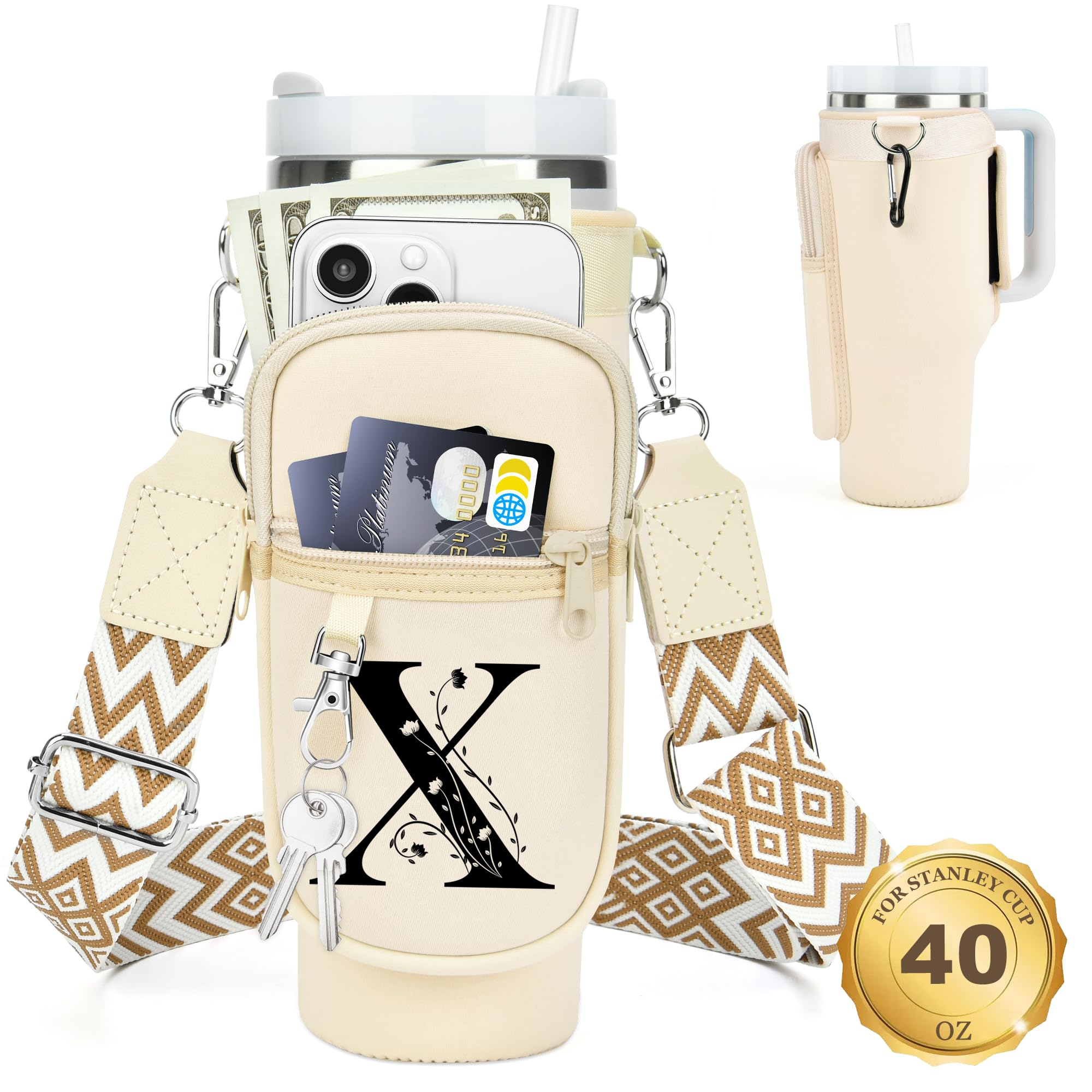 Initial Water Bottle Holder with Strap for Stanley Cup 40 oz Tumbler