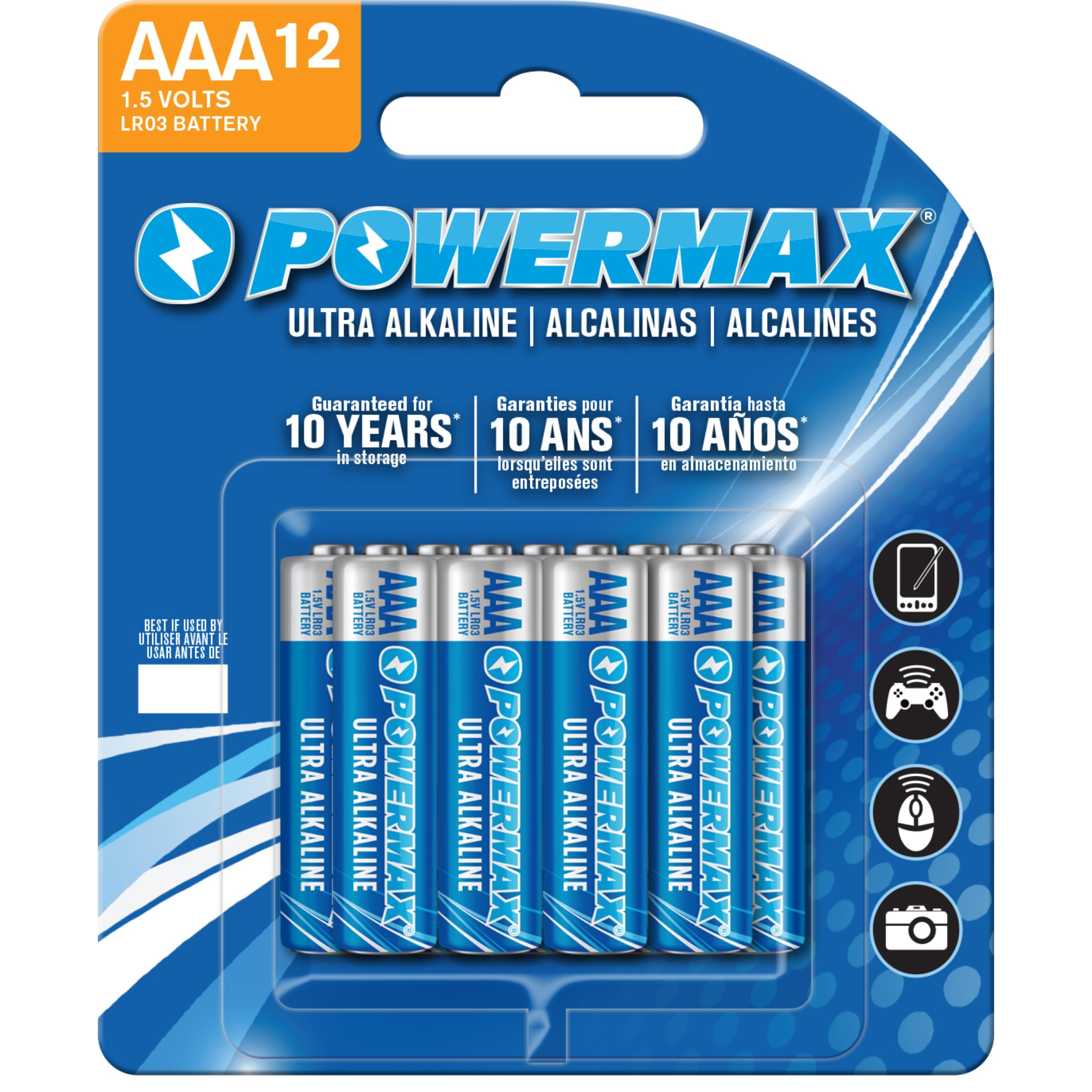 Powermax 12-Count Triple AAA Batteries, Ultra Long Lasting Alkaline Battery Blister Pack for Home and Office, 10-Year Shelf Life