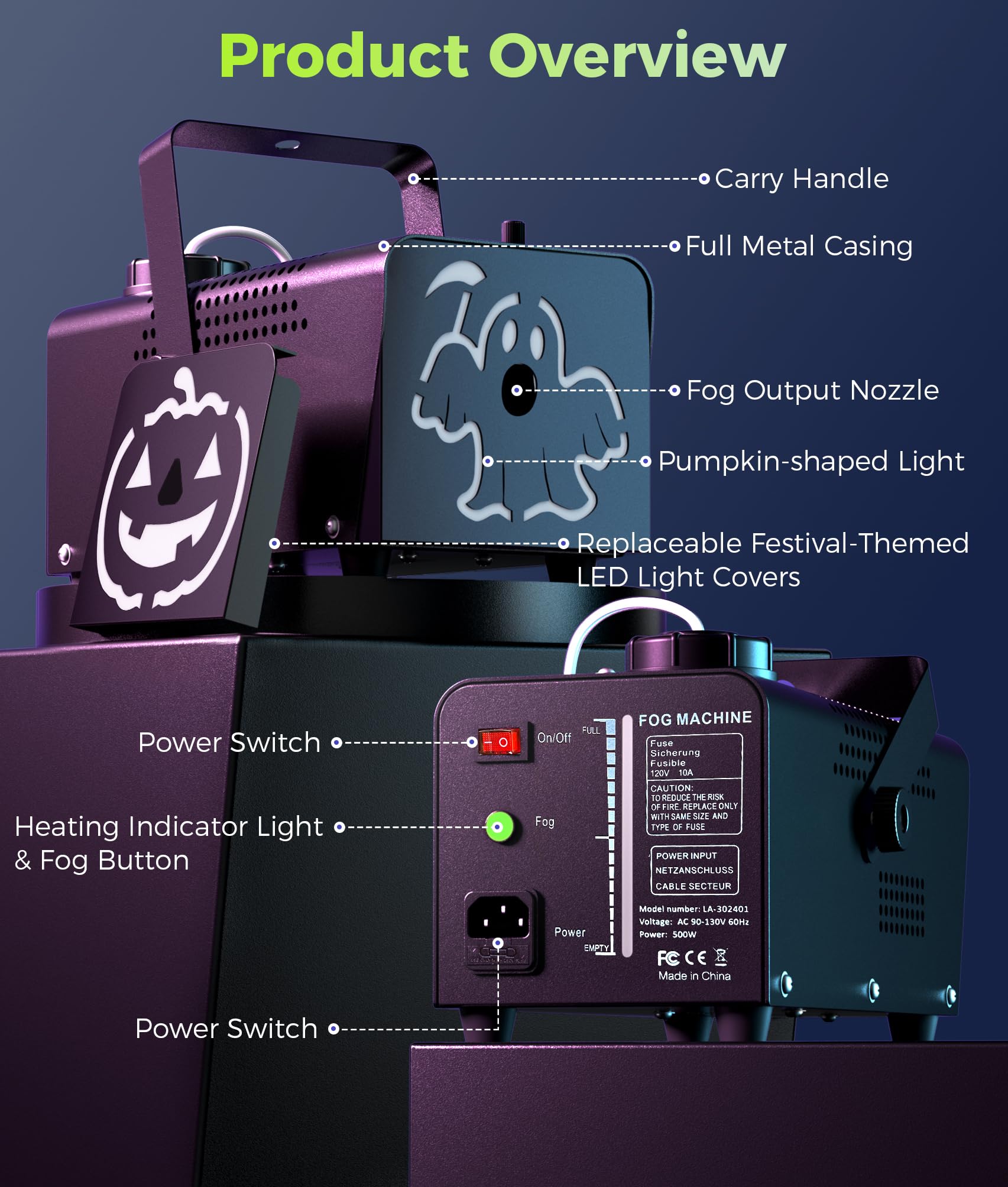 IMONE Fog Machine 500W 2000CFM 2 Spooky Themed Light Covers Smoke Machine with 72-LEDs with 12 Light Colors, Wireless Remote Controls, for Halloween, Wedding, Parties, DJ Stage, Indoor & Outdoor Use