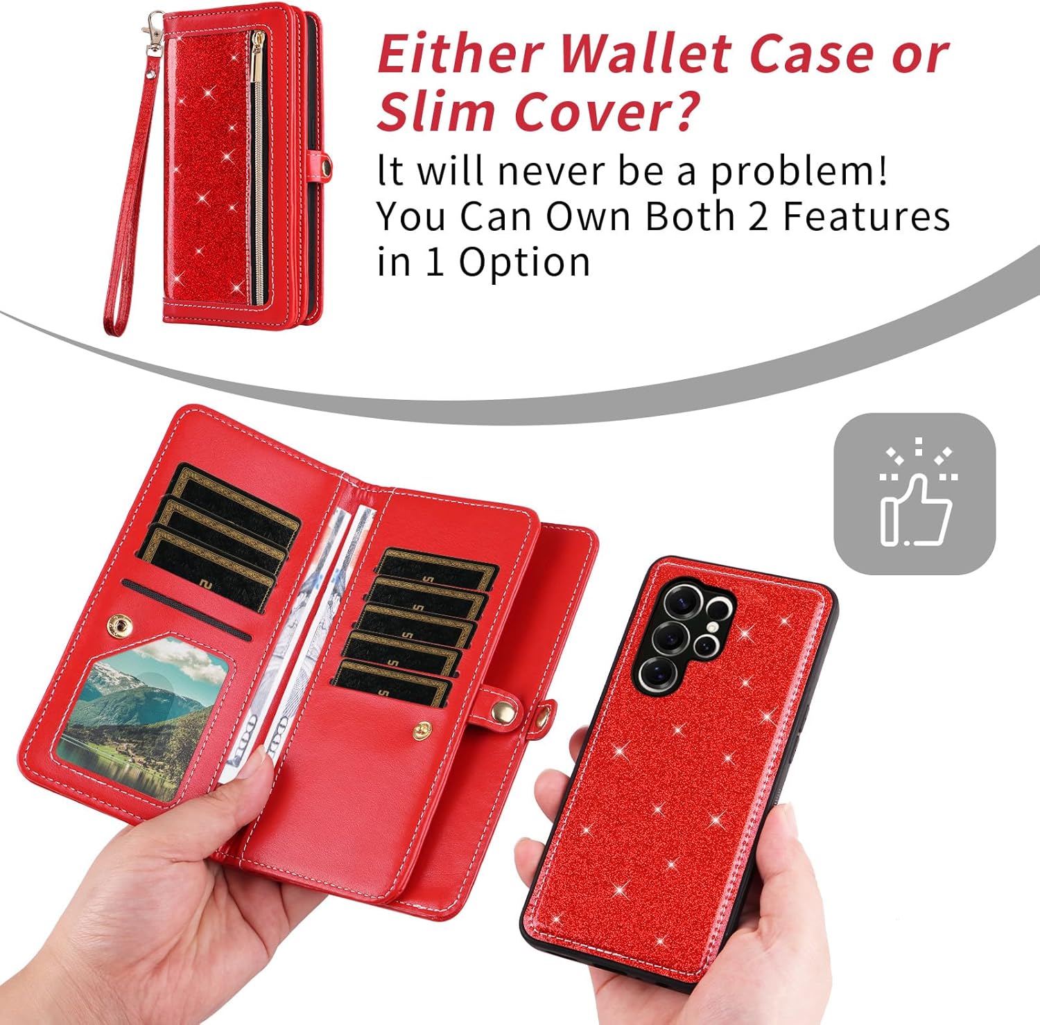 Asuwish Phone Case for Samsung Galaxy S25 Ultra 5G Zipper Wallet Cell Cover with Screen Protector Strap Bling Glitter Flip Card Holder Slot S25Ultra 25S S 25 25Ultra 6.9 2025 Women Men Girls Red