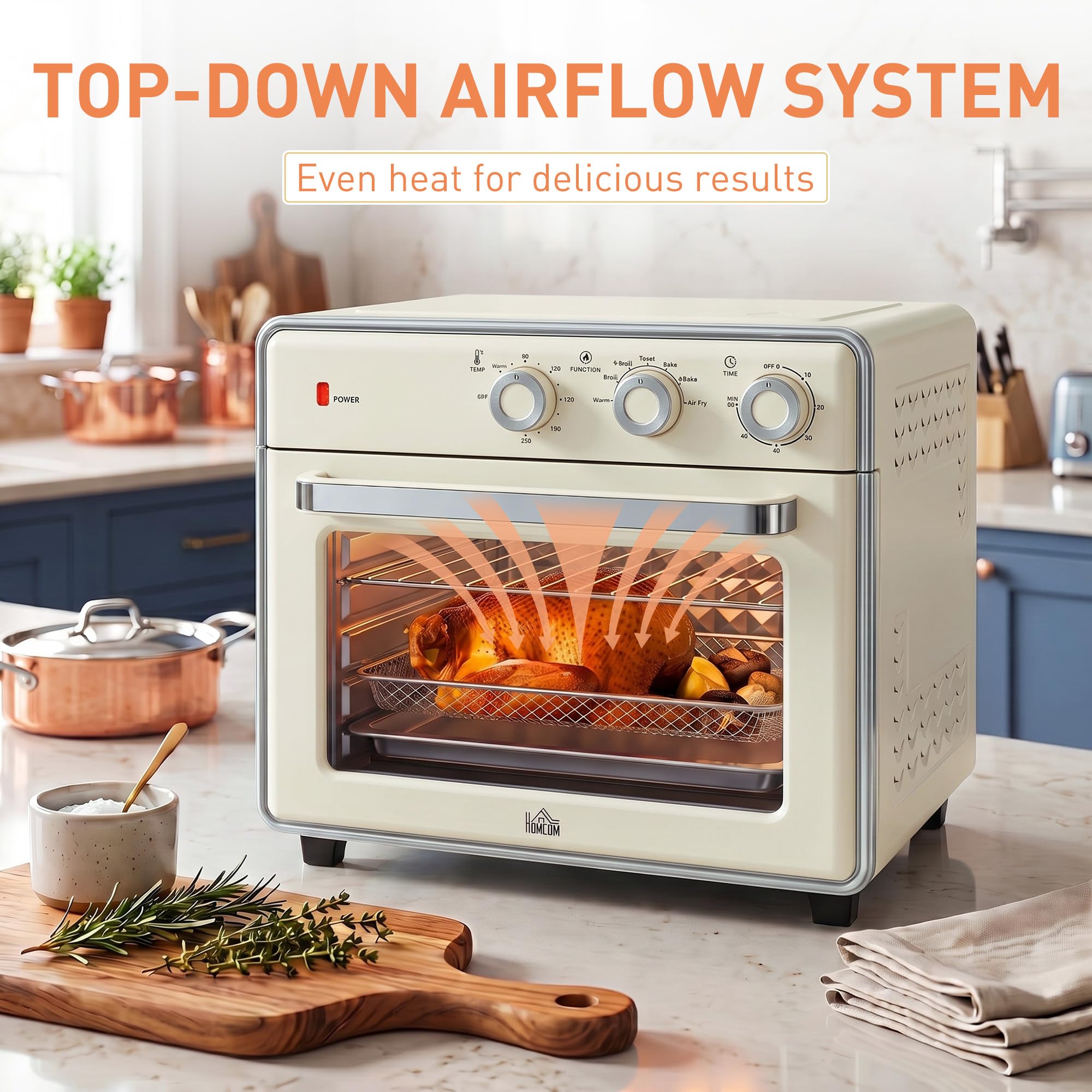 HOMCOM Mini four électrique ventilé 20 L 1400 W, four de table multifonction à air chaud, 90-230 °C, minuterie 60 min, 5 modes, éclairage intérieur, double vitrage, accessoires inclus, crème