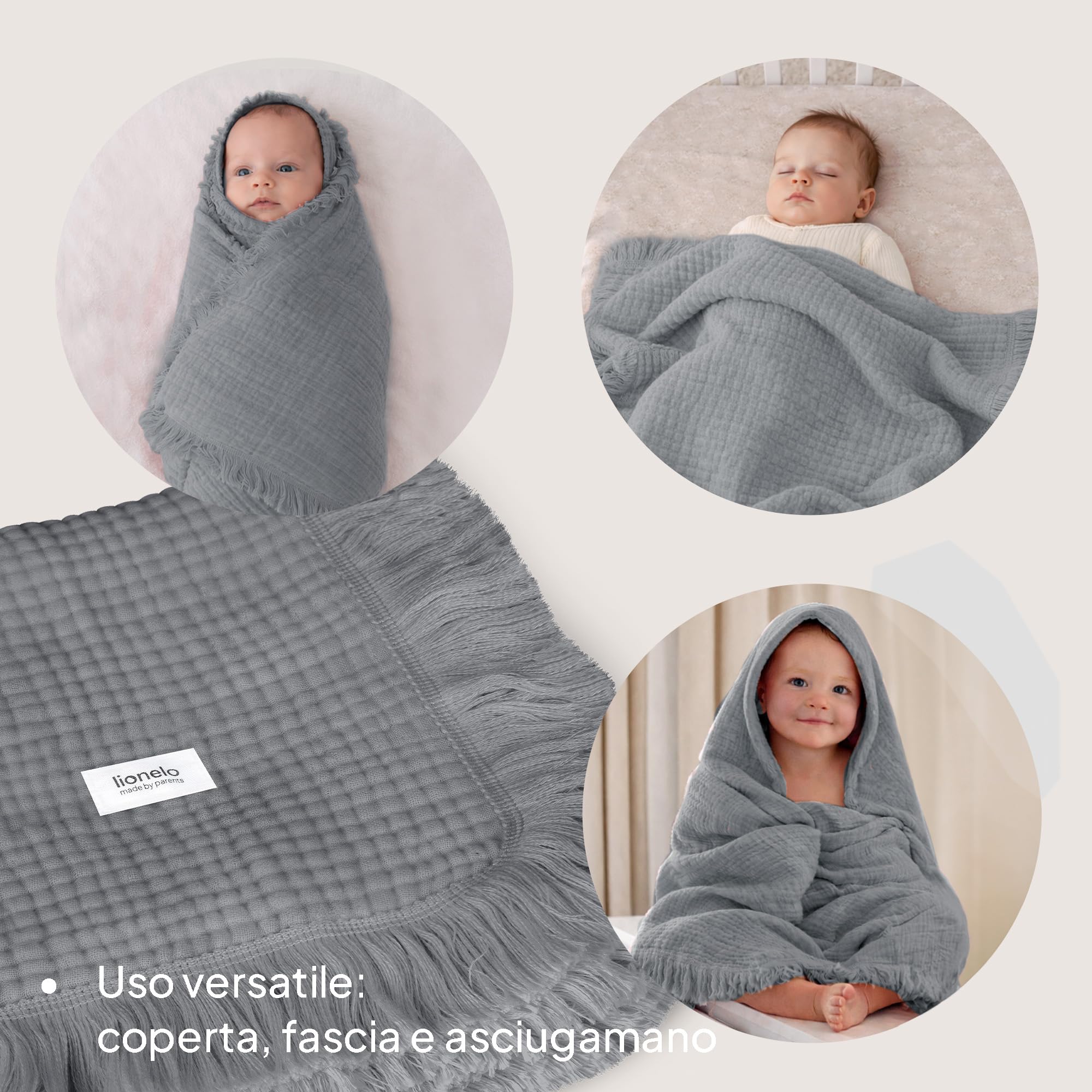 lionelo MUSLIN BLANKET Copertina Neonato in Cotone 100% Mussola, 70 x 100 cm, 6 Strati Morbida e Traspirante 4 Stagioni, Coperta Neonato per Carrozzina e Culla, Frange Rinforzate, Idea Regalo