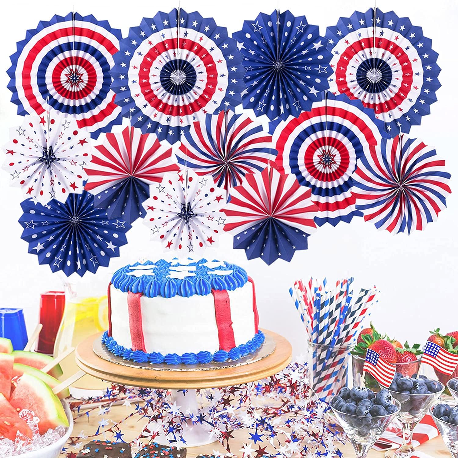 4th of July Patriotic Decorations 12PCS Hanging Paper Fan for USA Patriotic Decorations Independence Day Memorial Day American Theme Party Veterans Birthday Decor Supplies