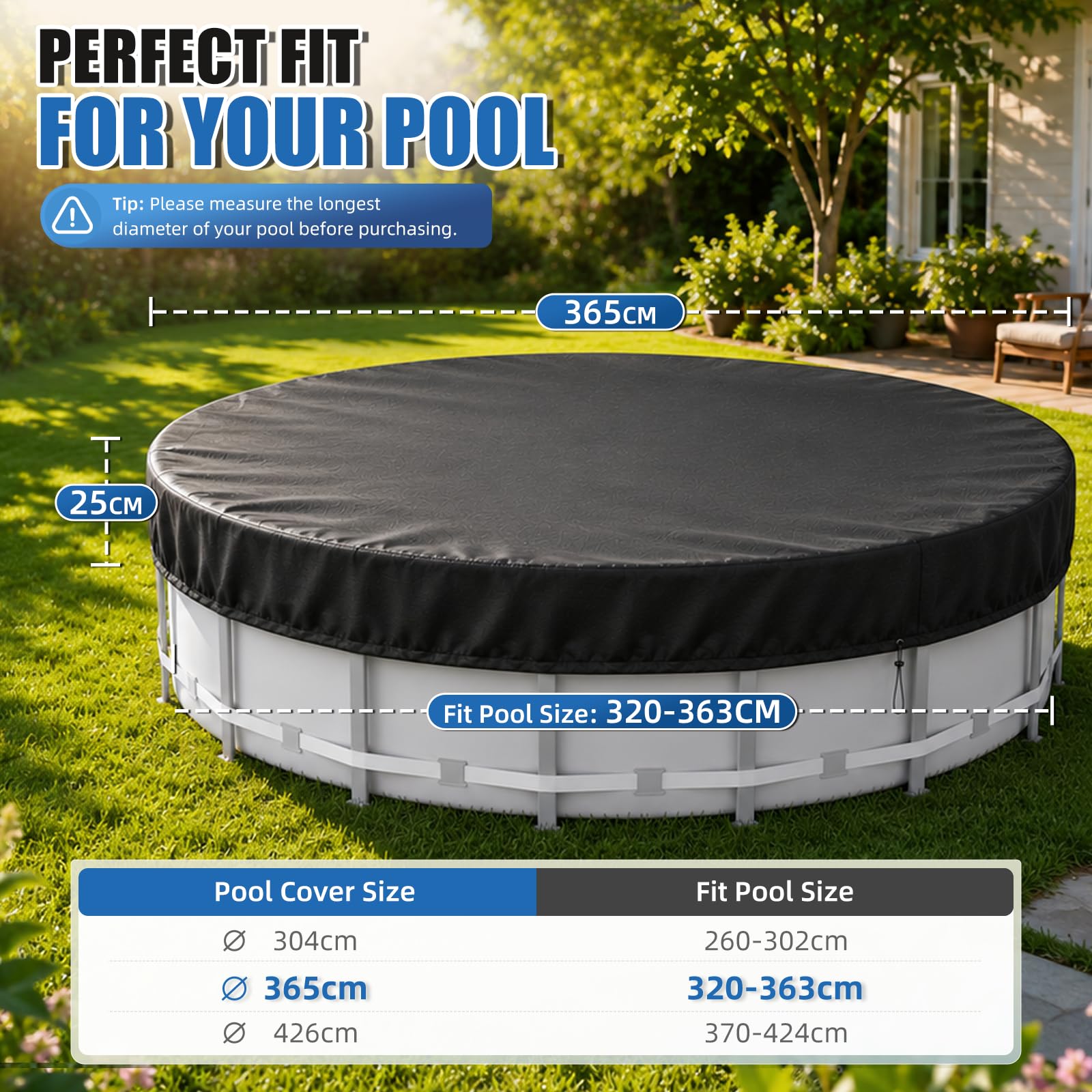 Bâche de piscine ronde Ø 366, 420D - Pour l'été et l'hiver - Pour piscine de 320 à 360 cm de diamètre - Étanche - Protection UV - Avec cordon de serrage et ancrages au sol - Pour piscines